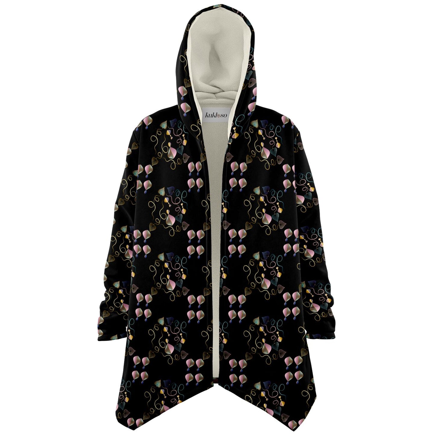 Microfleece Cloak - AOP Kukloso Whimsical No 47 Pink, Aqua, Navy abstract shapes on Black - Free Shipping