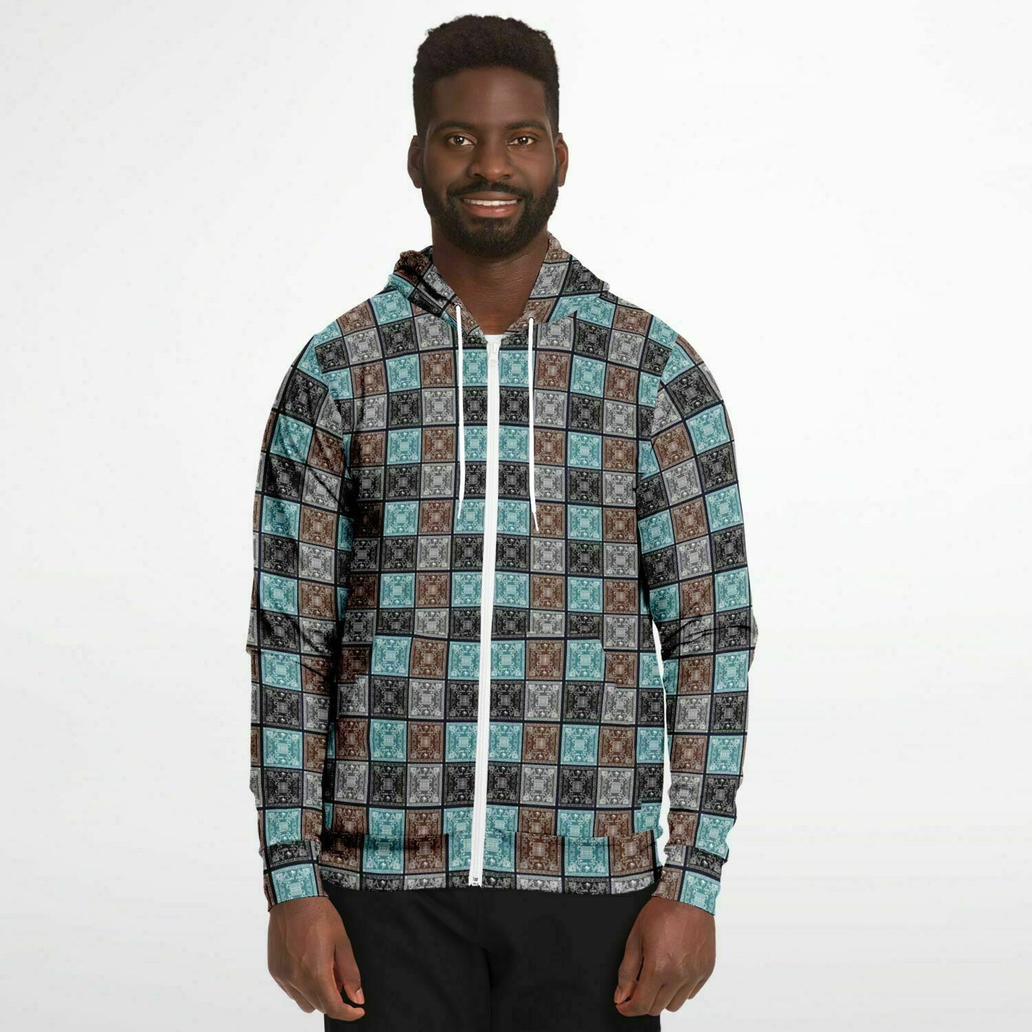 Fashion Zip-Up Hoodie - AOP Kukloso Greek Border No 44 No 1 Carpe Diem - Chocolate, Silver & Blue-Green on Black - Free Shipping