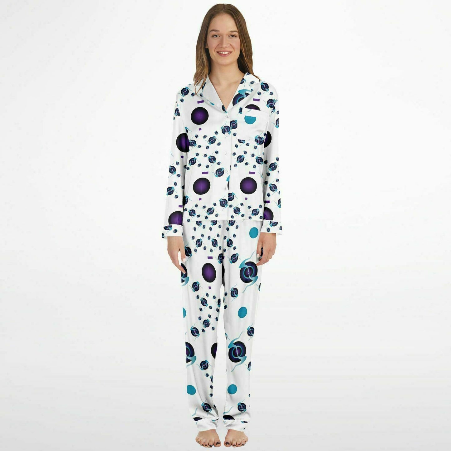 Women's Satin Pajamas - AOP Kukloso Abstractical No 225 Dark Purple-Violet-Aqua on White - Free Shipping