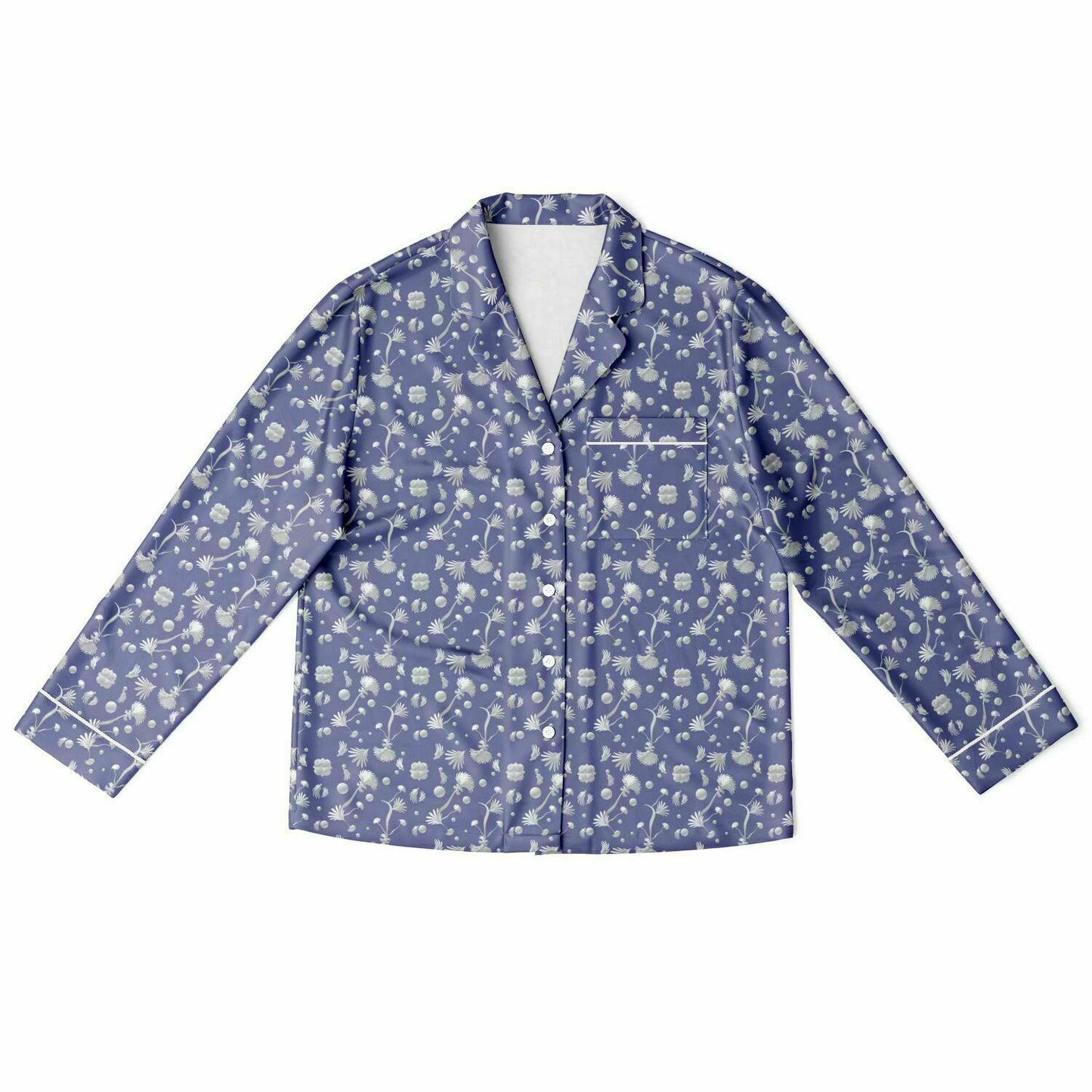 Women's Satin Pajamas - AOP Kukloso Melange de fleur No 22 Silver-colored abstract shapes on Periwinkle - Free Shipping