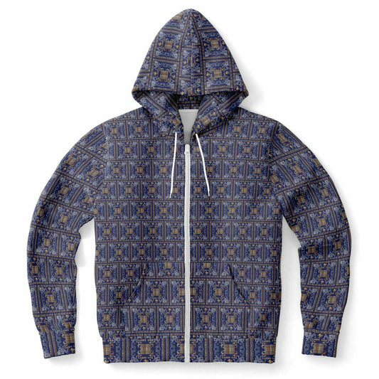 Fashion Zip-Up Hoodie - AOP Kukloso Greek Border No 41 No 2 Carpe Diem, Gold & Silver on Navy - Free Shipping