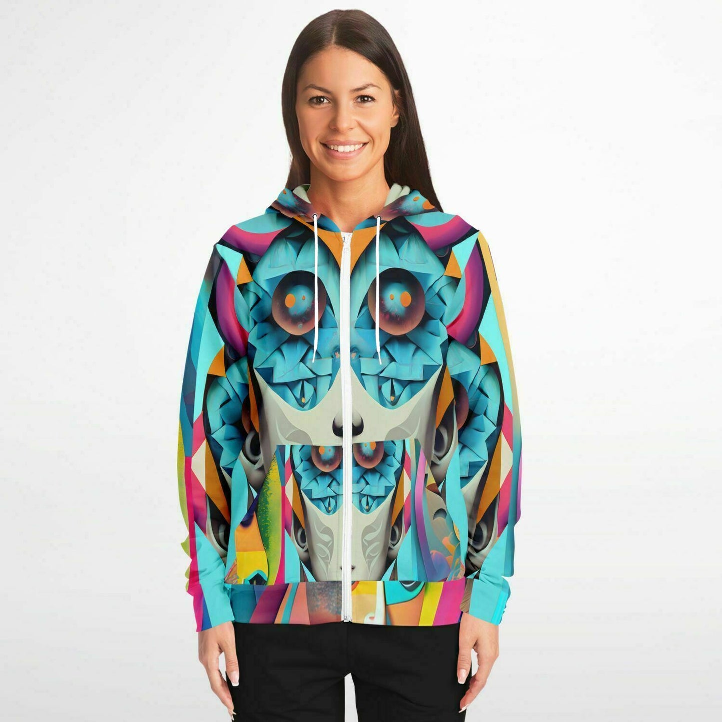 Fashion Zip-Up Hoodie - AOP Kukloso Cubist Faces No 5 Multicolored - Free Shipping