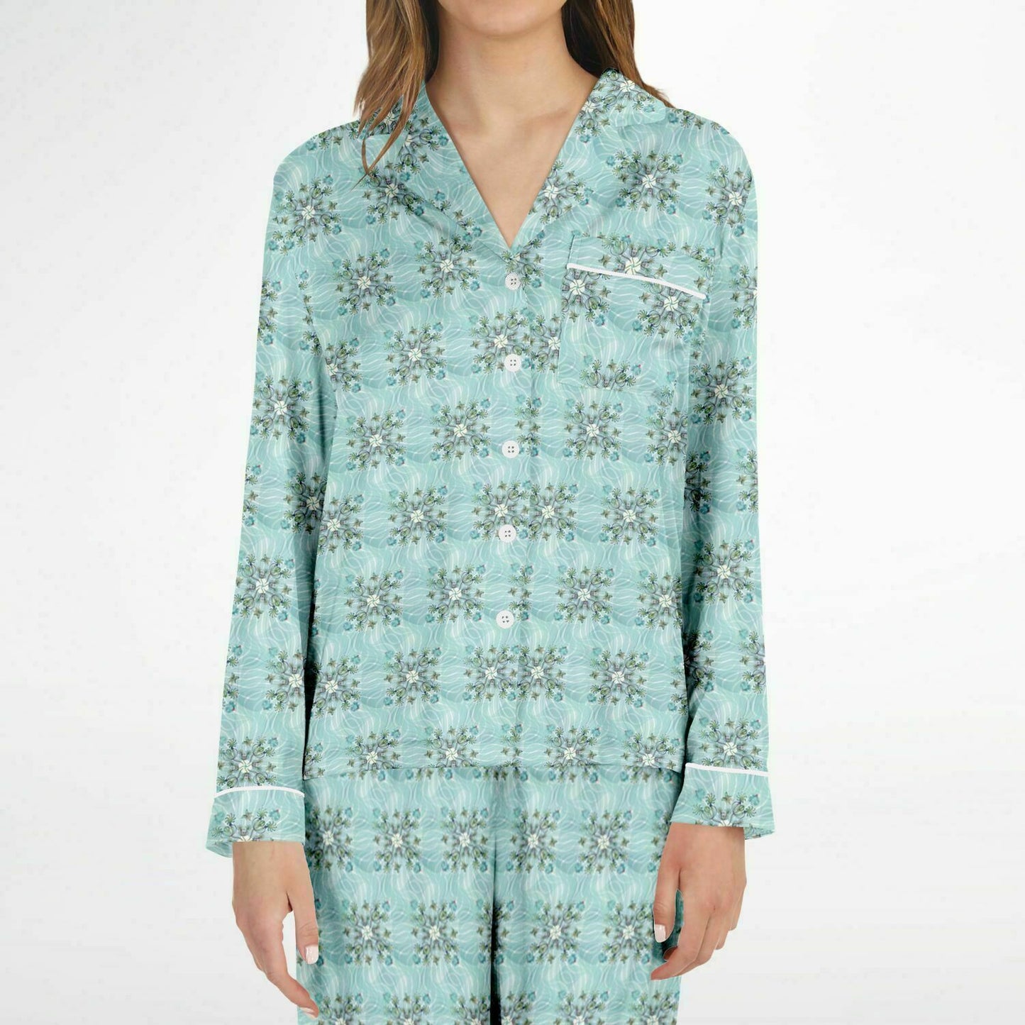 Women's Satin Pajamas - AOP Kukloso Melange de fleur No 13 Multicolored flowers - Aqua, Gold, Blue, Red on White - Free Shipping
