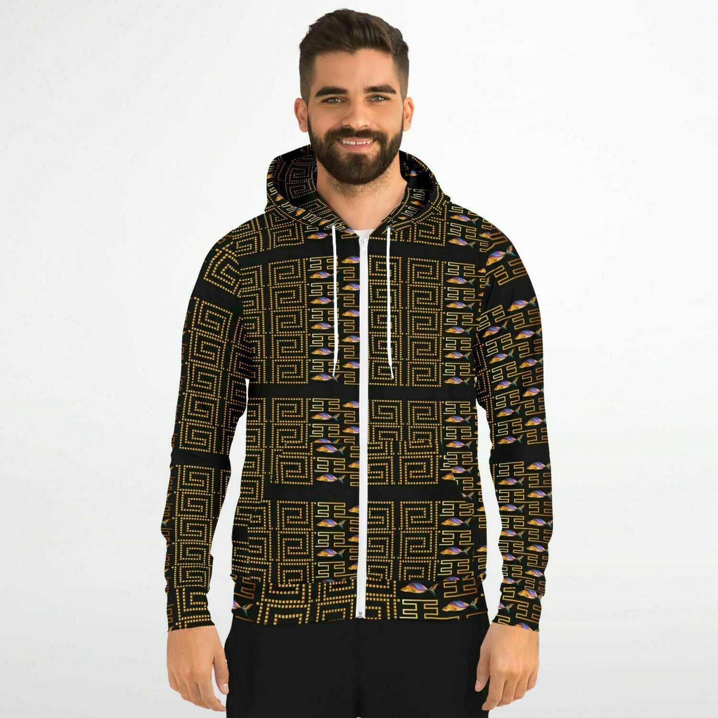 Fashion Zip-Up Hoodie - AOP Kukloso Greek Border No 3 Golden Fish - Free Shipping