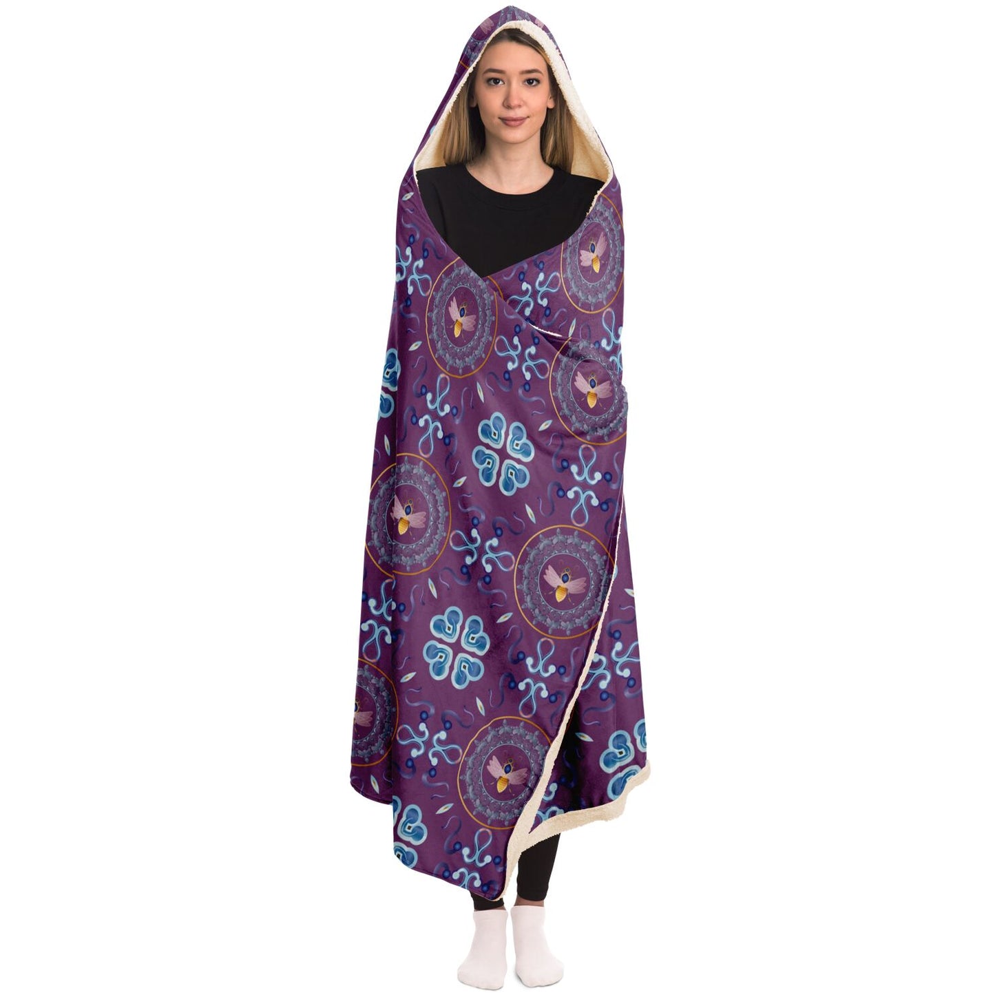 Hooded Blanket - AOP Mandala No 154 No 2 Aqua & Blue on White