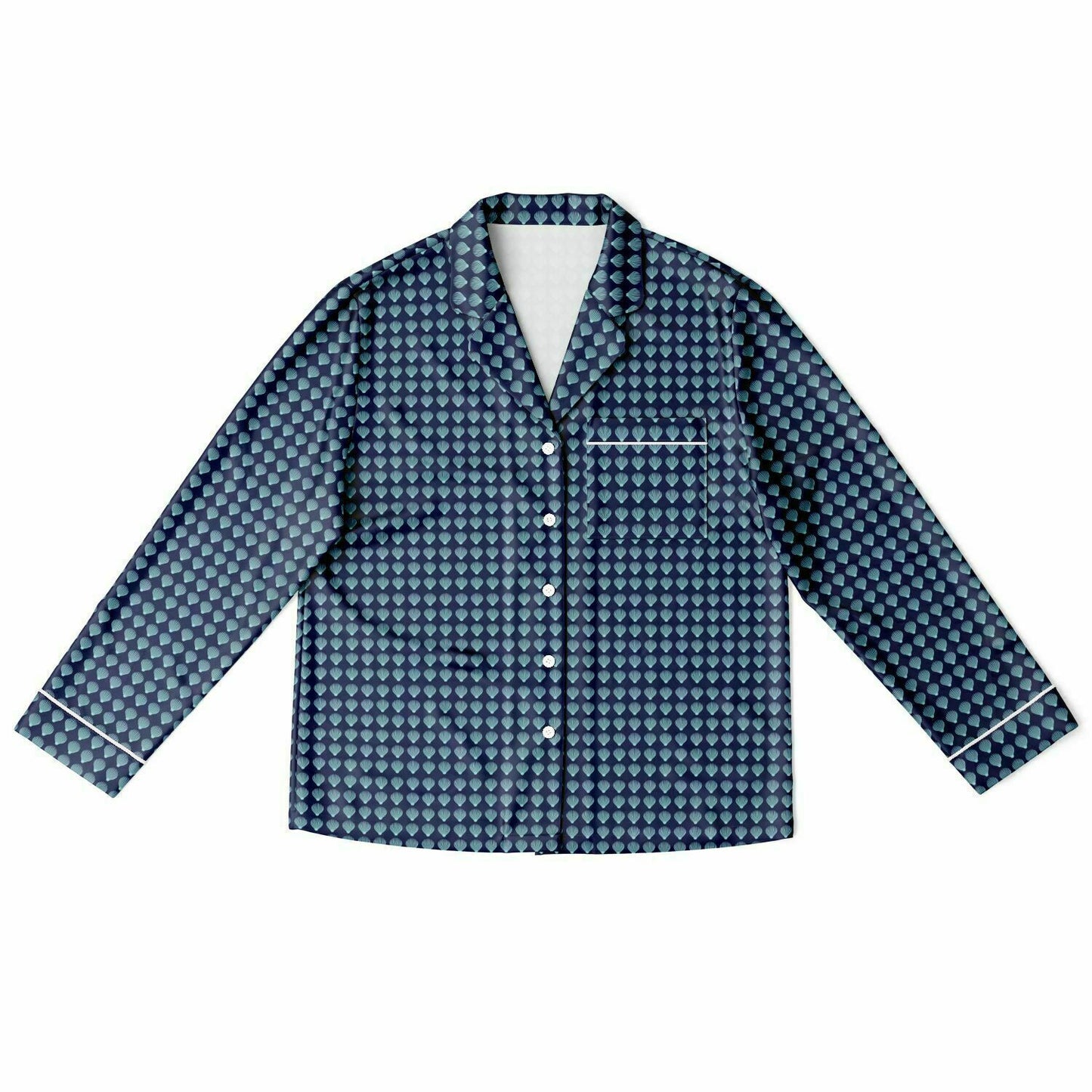 Women's Satin Pajamas - AOP Kukloso Scallop Shell No 1 Aqua on Navy - Free Shipping