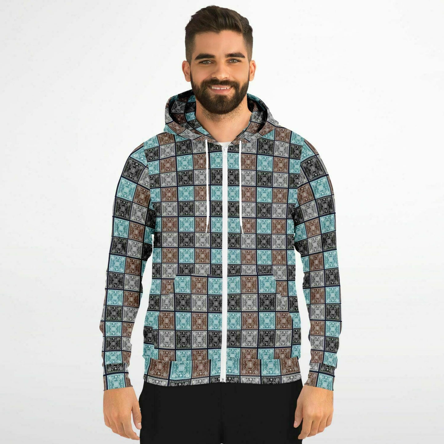 Fashion Zip-Up Hoodie - AOP Kukloso Greek Border No 44 No 1 Carpe Diem - Chocolate, Silver & Blue-Green on Black - Free Shipping