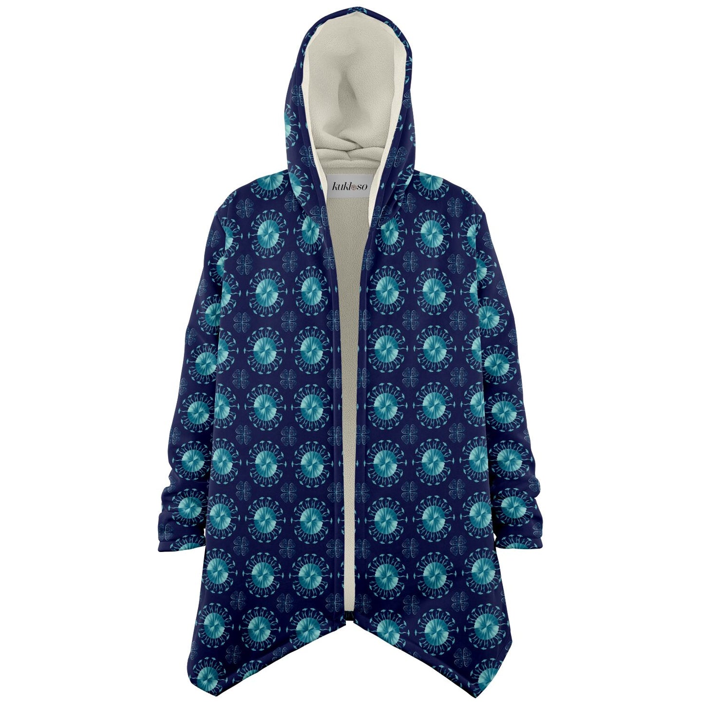 Microfleece Cloak - AOP Kukloso Whimsical No 34 Aqua-Colored Mini-Mandalas on Navy - Free Shipping