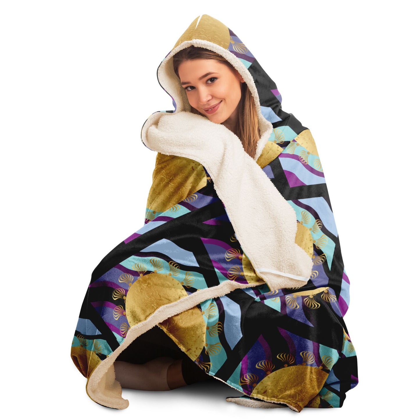 Hooded Blanket - AOP Mandala No 93 Gold, Aqua on Purple Stripes