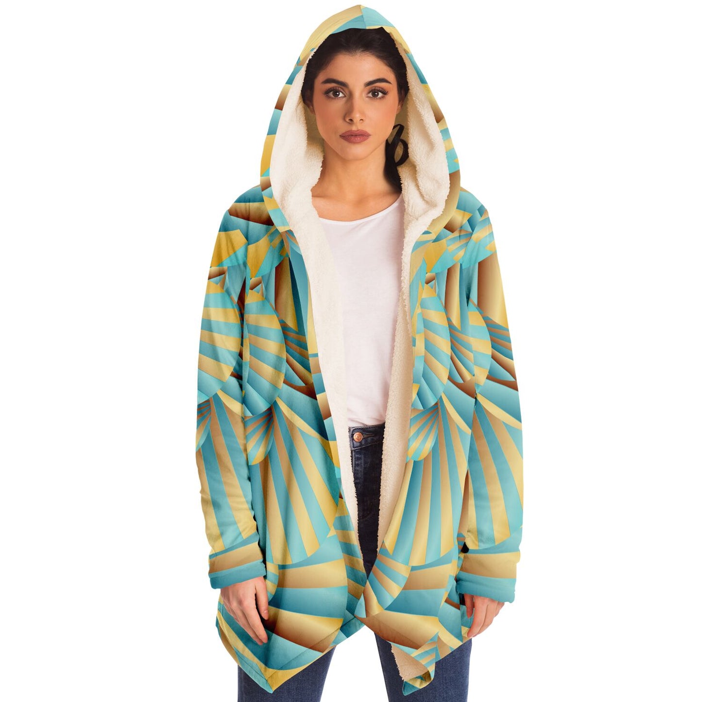 Microfleece Cloak - AOP Kukloso Abstractical No 269 Abstract Aqua, Blue, Gold Shapes - Free Shipping