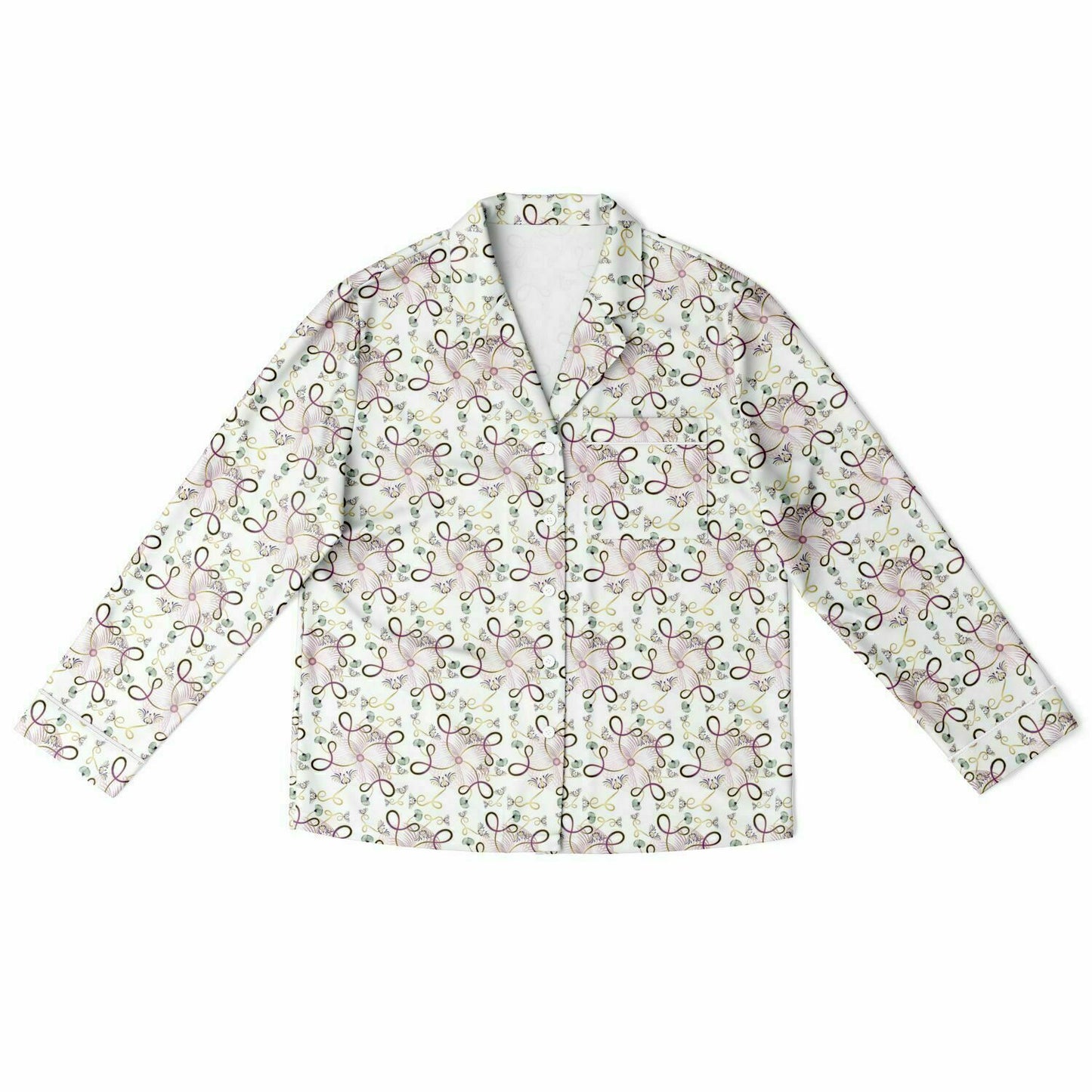 Women's Satin Pajamas - AOP Kukloso Whimsical No 25 Pink & Gold abstract swirling shapes on White - Free Shipping