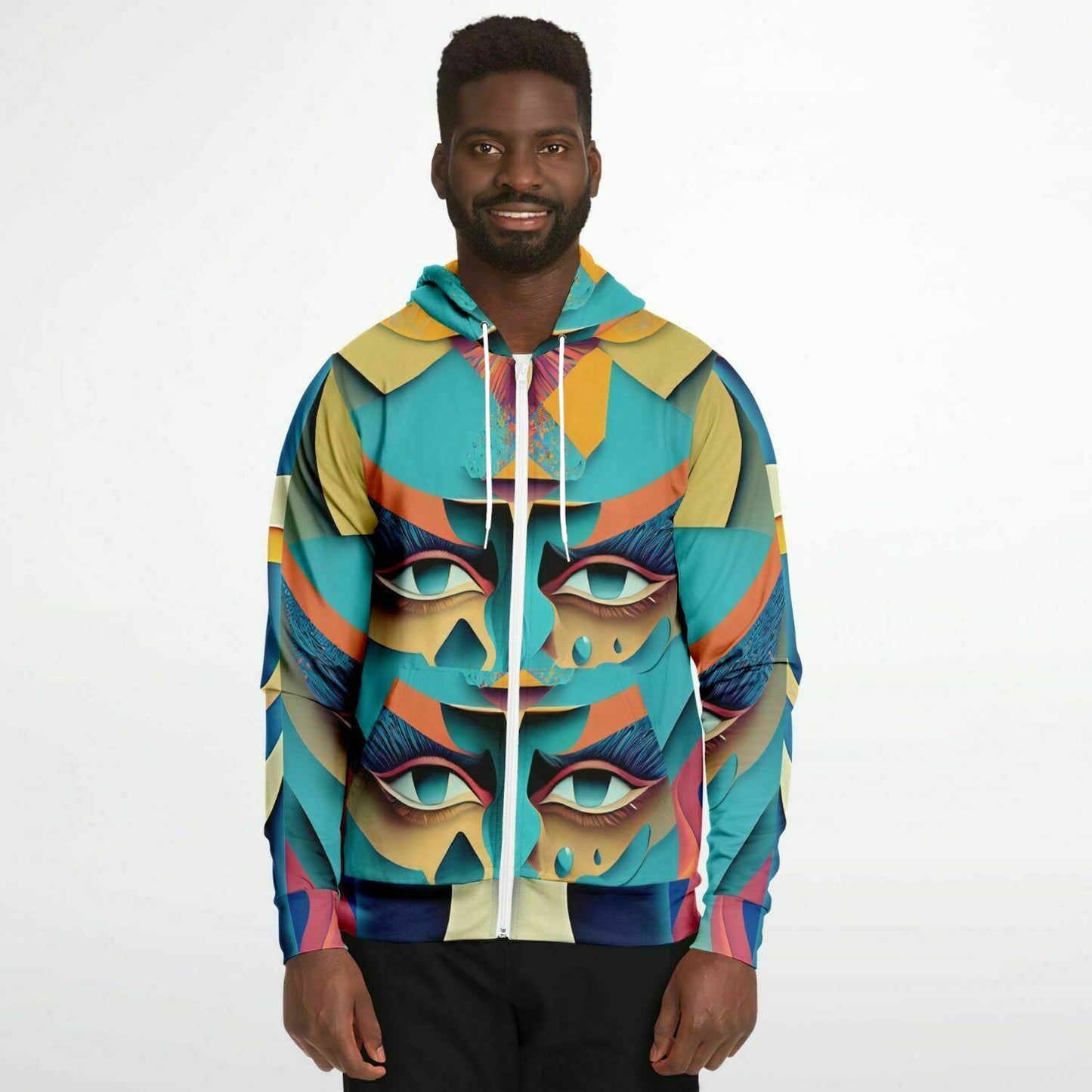 Fashion Zip-Up Hoodie - AOP Kukloso Cubist Faces No 9 Multicolored - Free Shipping