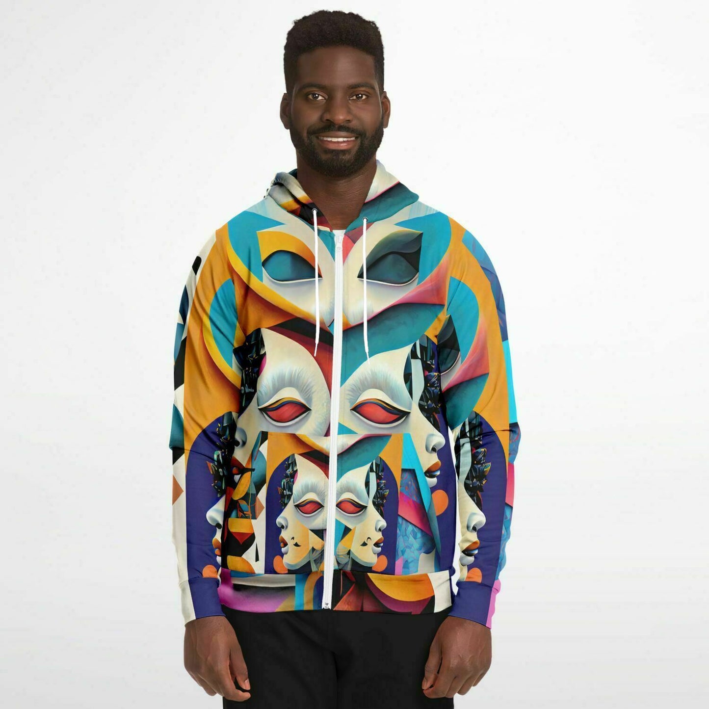 Fashion Zip-Up Hoodie - AOP Kukloso Cubist Faces No 4 Multicolored - Free Shipping