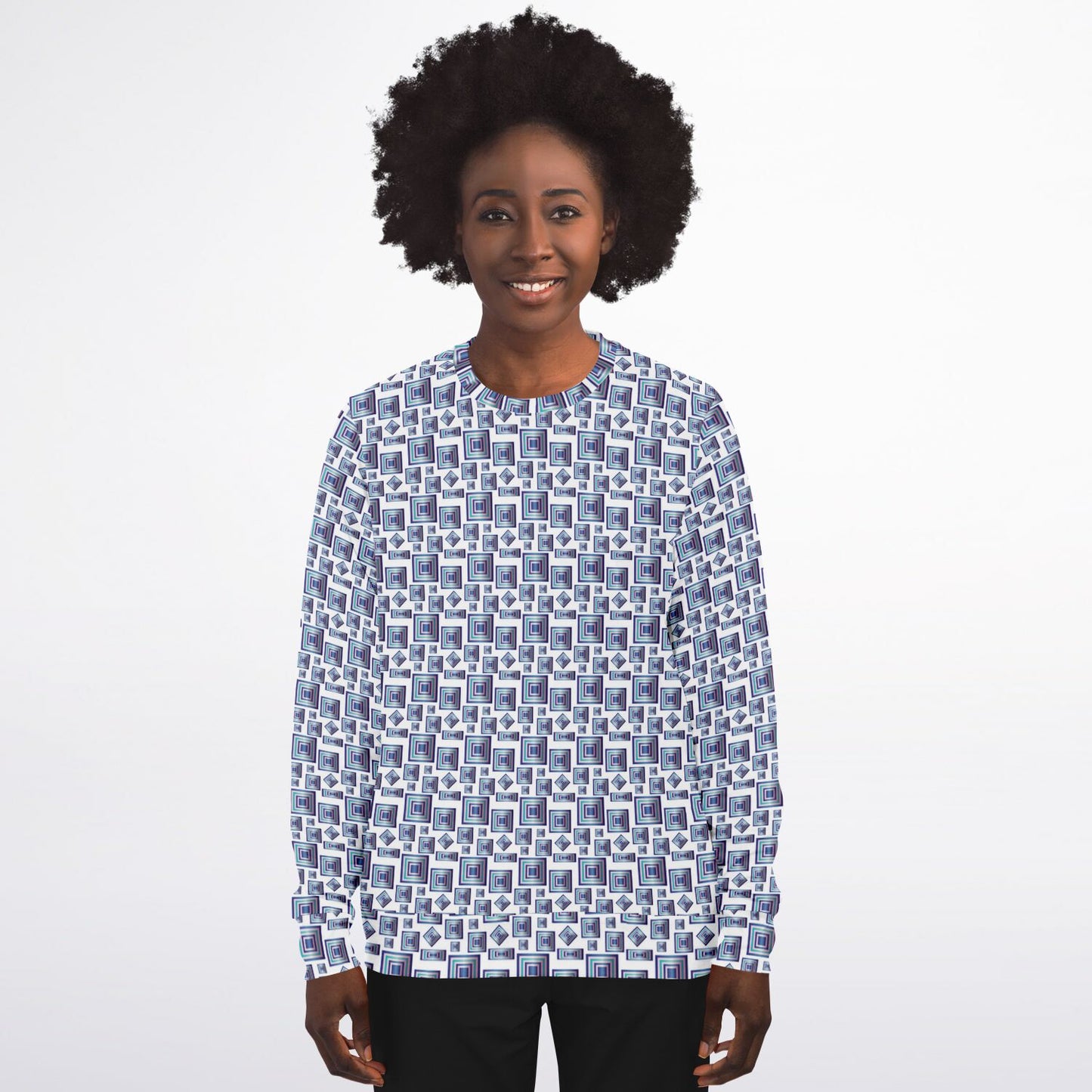 Athletic Sweatshirt - AOP Kukloso Abstractical No 95 Navy, Aqua, Pink Square shapes on White - Free Shipping