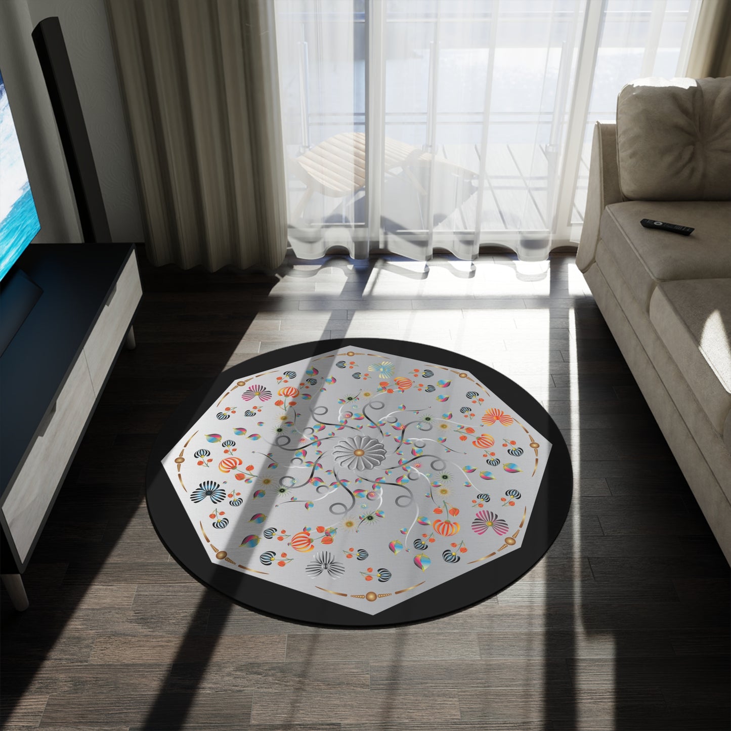 Round Rug Kukloso MD No 140 Abstract Floral Shapes Silver Mandala on Black Free Shipping