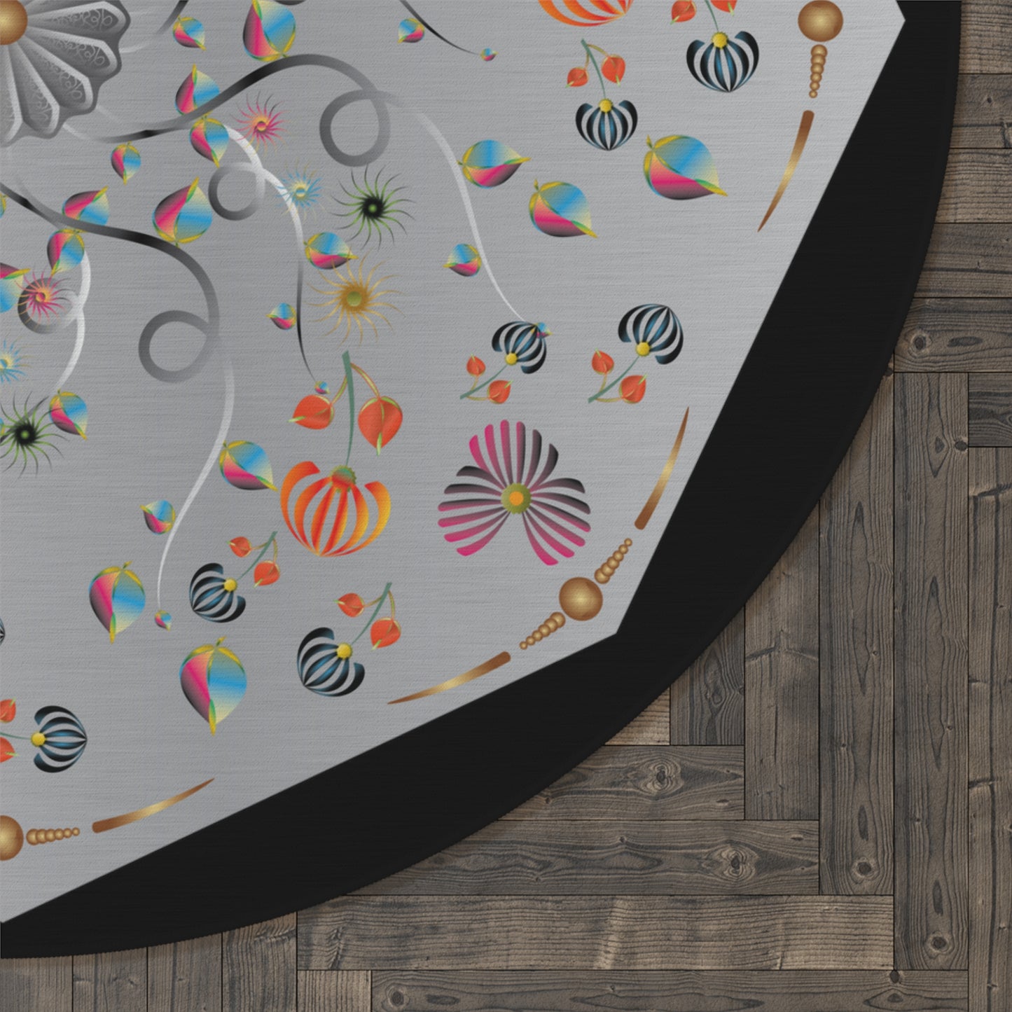Round Rug Kukloso MD No 140 Abstract Floral Shapes Silver Mandala on Black Free Shipping