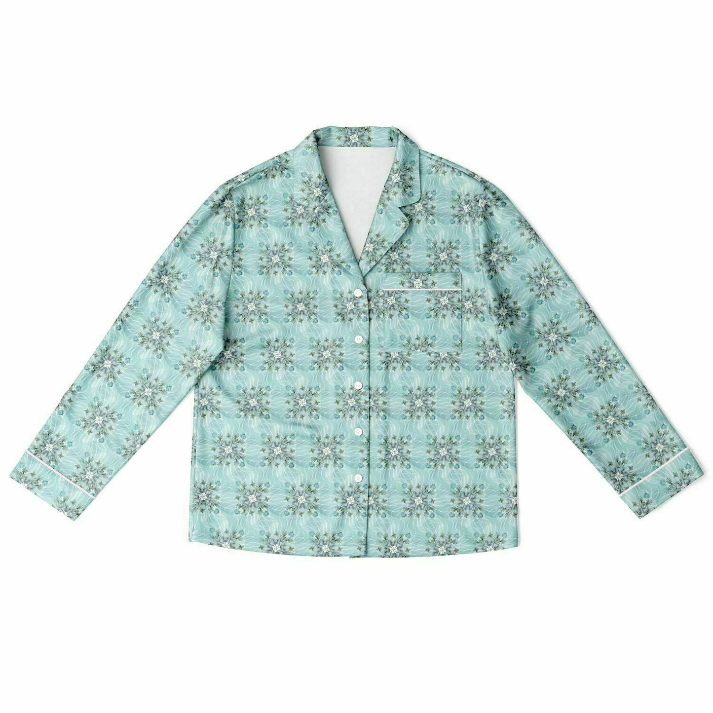 Women's Satin Pajamas - AOP Kukloso Melange de fleur No 13 Multicolored flowers - Aqua, Gold, Blue, Red on White - Free Shipping