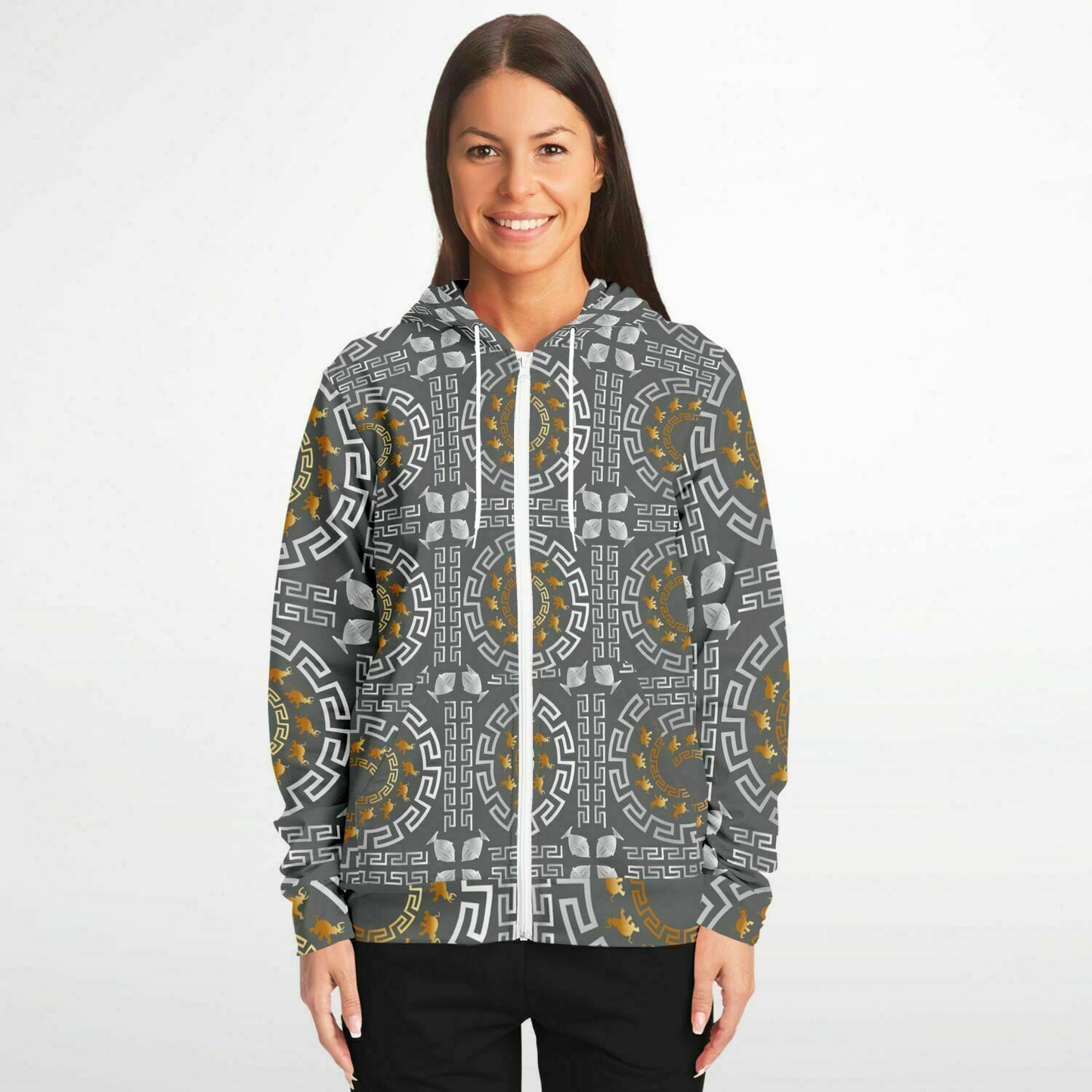 Fashion Zip-Up Hoodie - AOP Kukloso Greek Border with Elephant No 40 Silver & Gold on Gray - Free Shipping