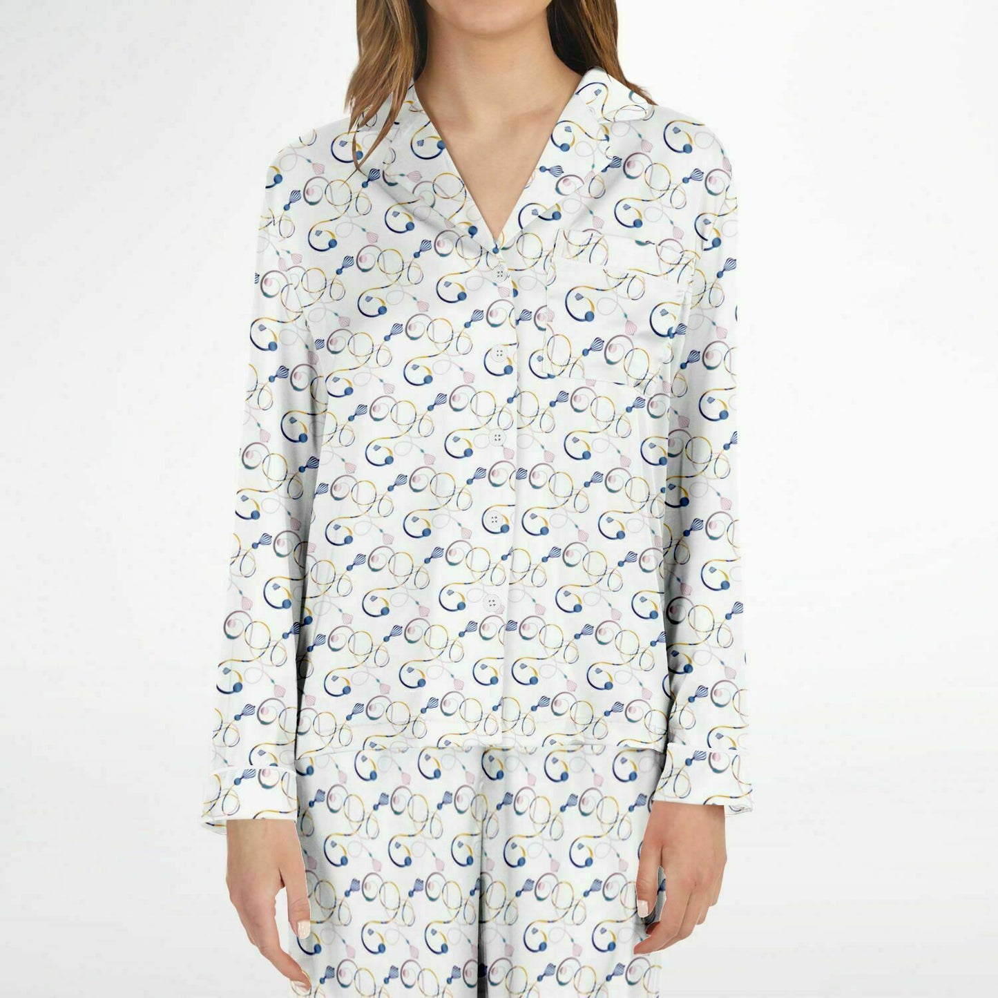 Women's Satin Pajamas - AOP Kukloso Whimsical No 23 Abstract Pink Gold Swirling shapes on White - Free Shipping