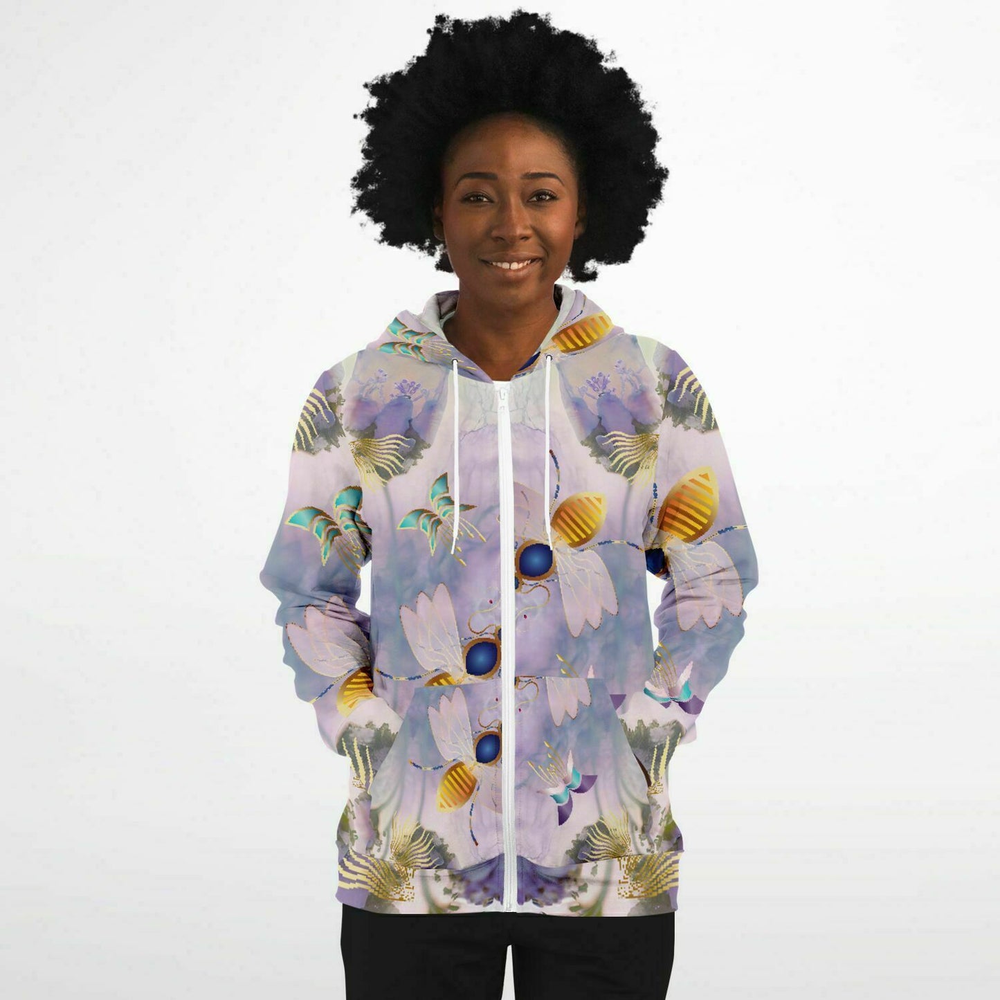 Fashion Zip-Up Hoodie - AOP Kukloso Queen Bee Floral Background- Free Shipping