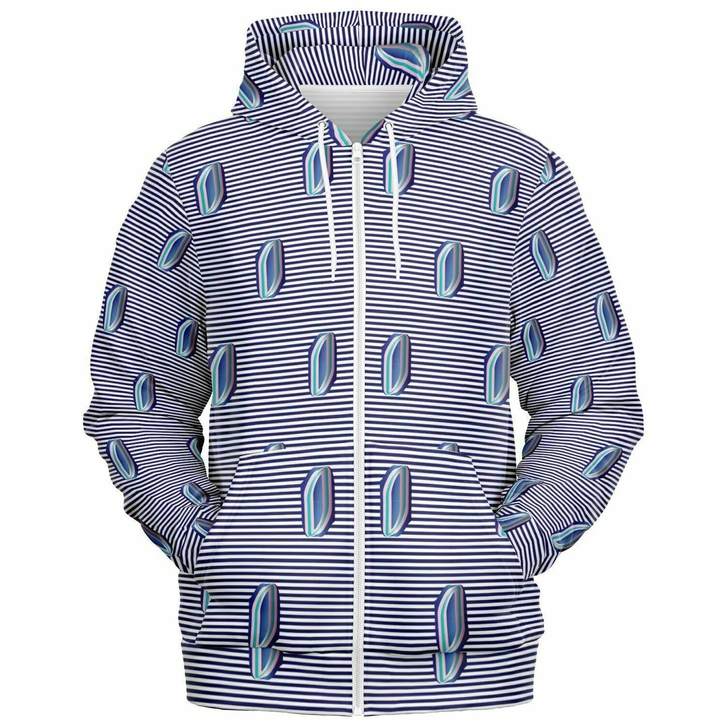 Fashion Zip-Up Hoodie - AOP Kukloso Whimsical No 57 Navy Stripes on White - Free Shipping