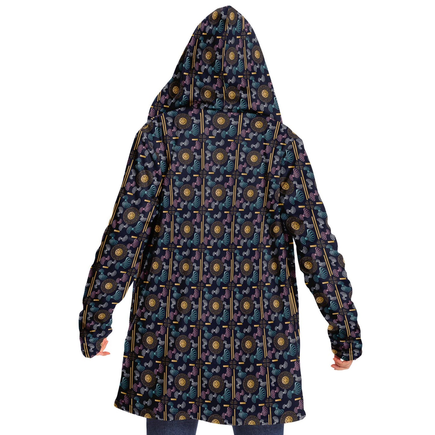 Microfleece Cloak - AOP Kukloso Whimsical No 99 Aqua, Gold, Silver, Pink on Black - Free Shipping