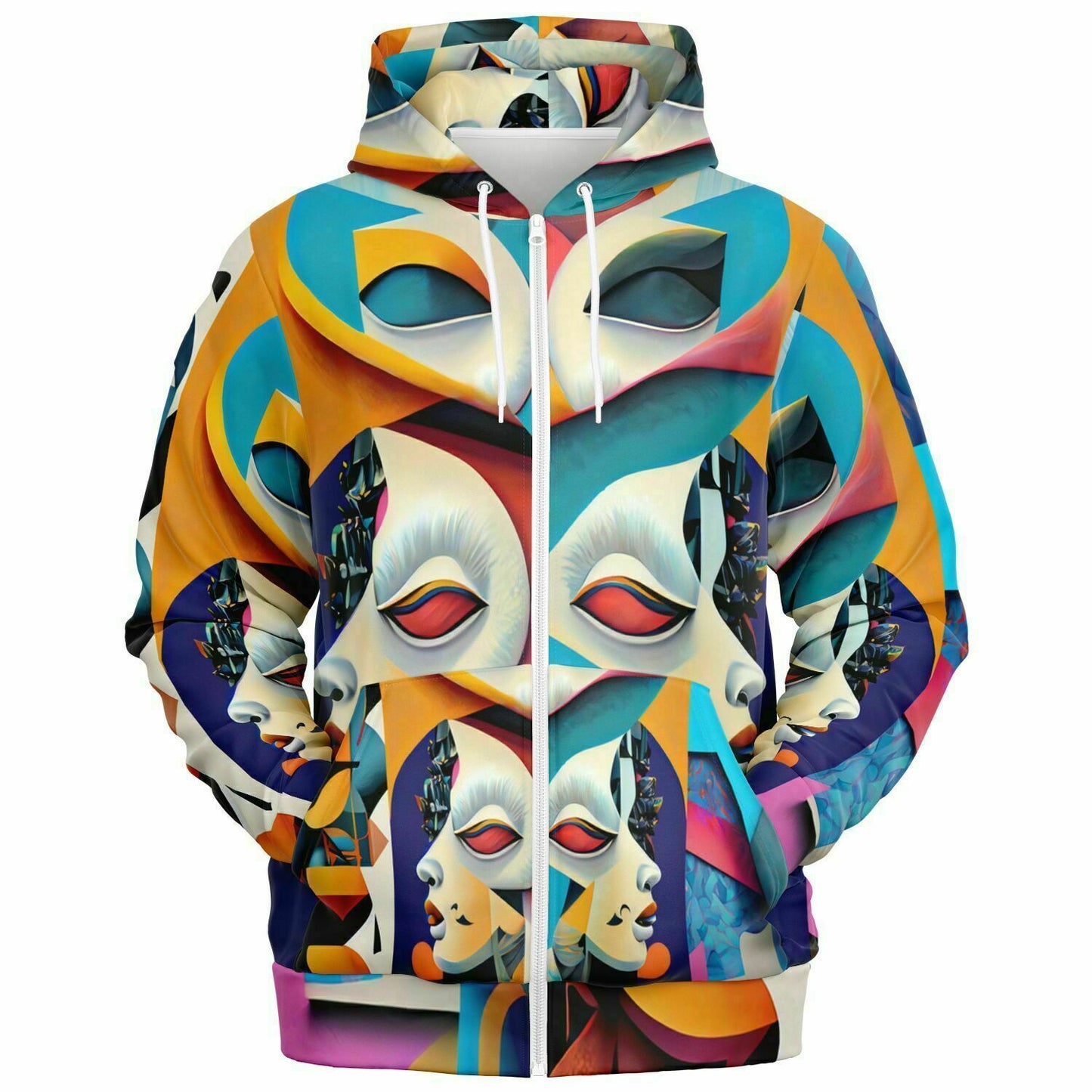 Fashion Zip-Up Hoodie - AOP Kukloso Cubist Faces No 4 Multicolored - Free Shipping