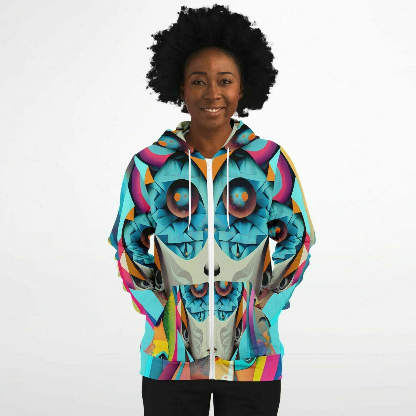 Fashion Zip-Up Hoodie - AOP Kukloso Cubist Faces No 5 Multicolored - Free Shipping