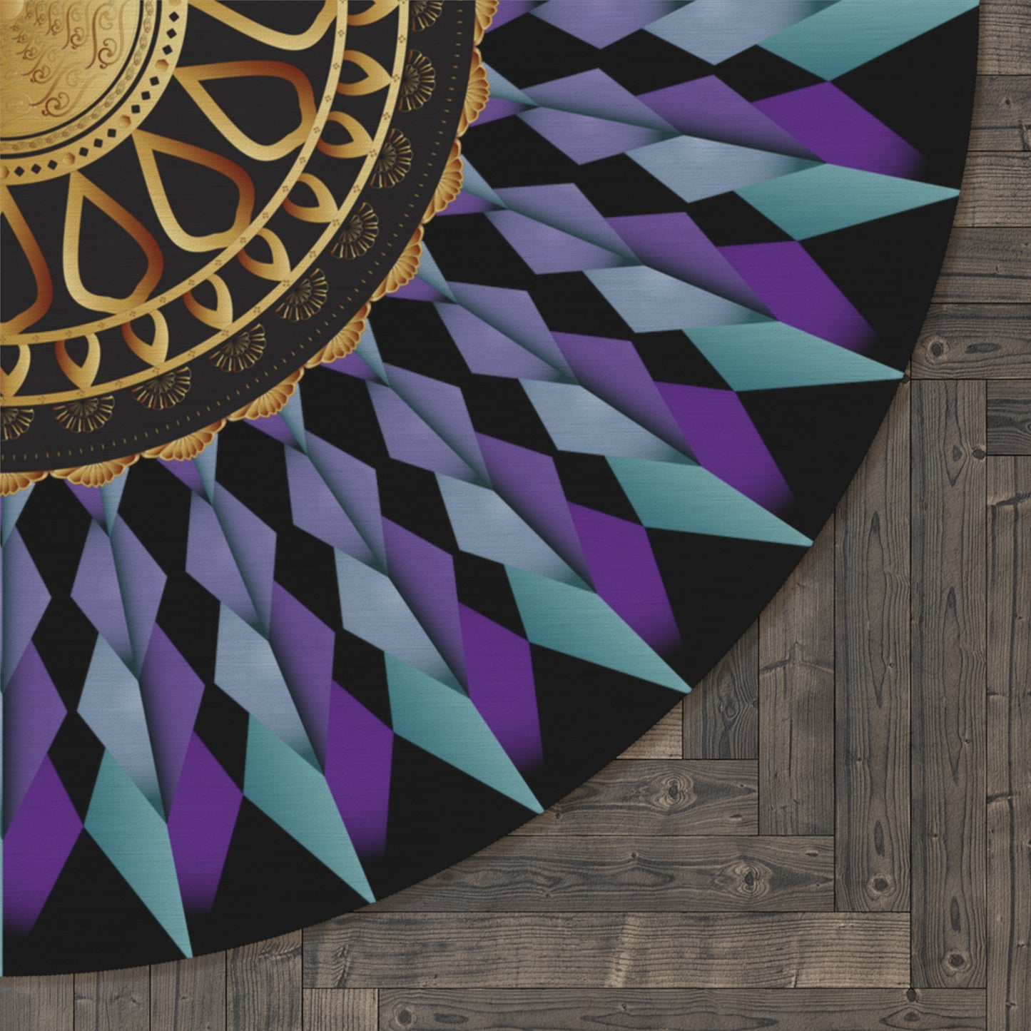 Round Rug Kukloso No 4365 Mandala Aqua, Purple & Gold on Black Free shipping