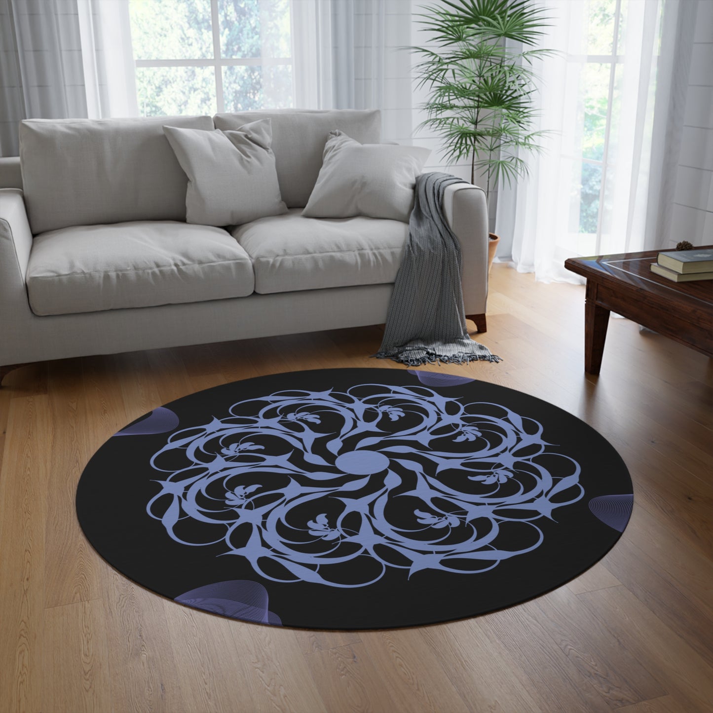 Round Rug Kukloso MD FS No 10 Mandala, Lavender on Black Free Shipping