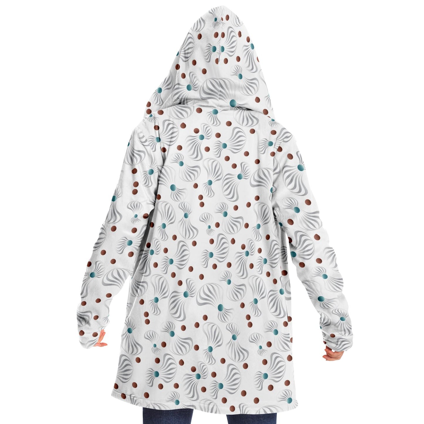 Microfleece Cloak - AOP Kukloso Whimsical No 85 Silver Spiral shapes on White - Free Shipping