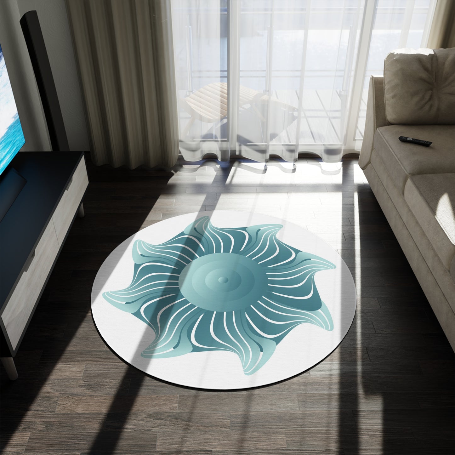 Round Rug Kukloso Mandala No 133 No 10 Aqua on Pale Gray Free Shipping