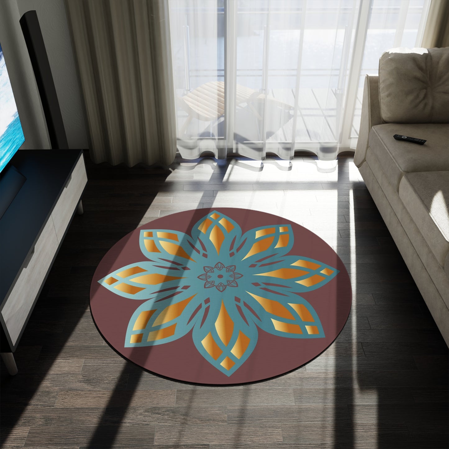 Round Rug Kukloso Mandala No 137 No 2 Aqua, Gold on Cocoa Free Shipping