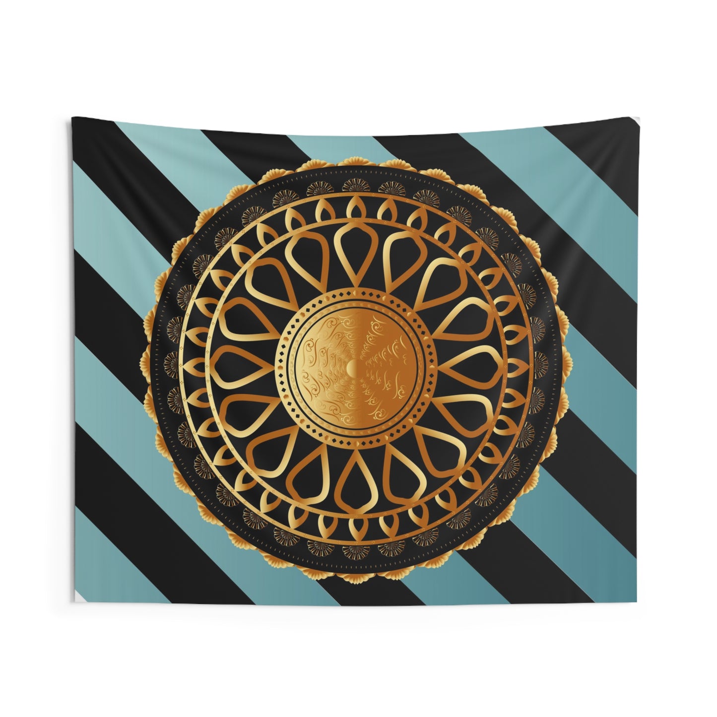 Indoor Wall Tapestries Kukloso Mandala No 152 Gold Design on Aqua & Black Striped Background - Free Shipping