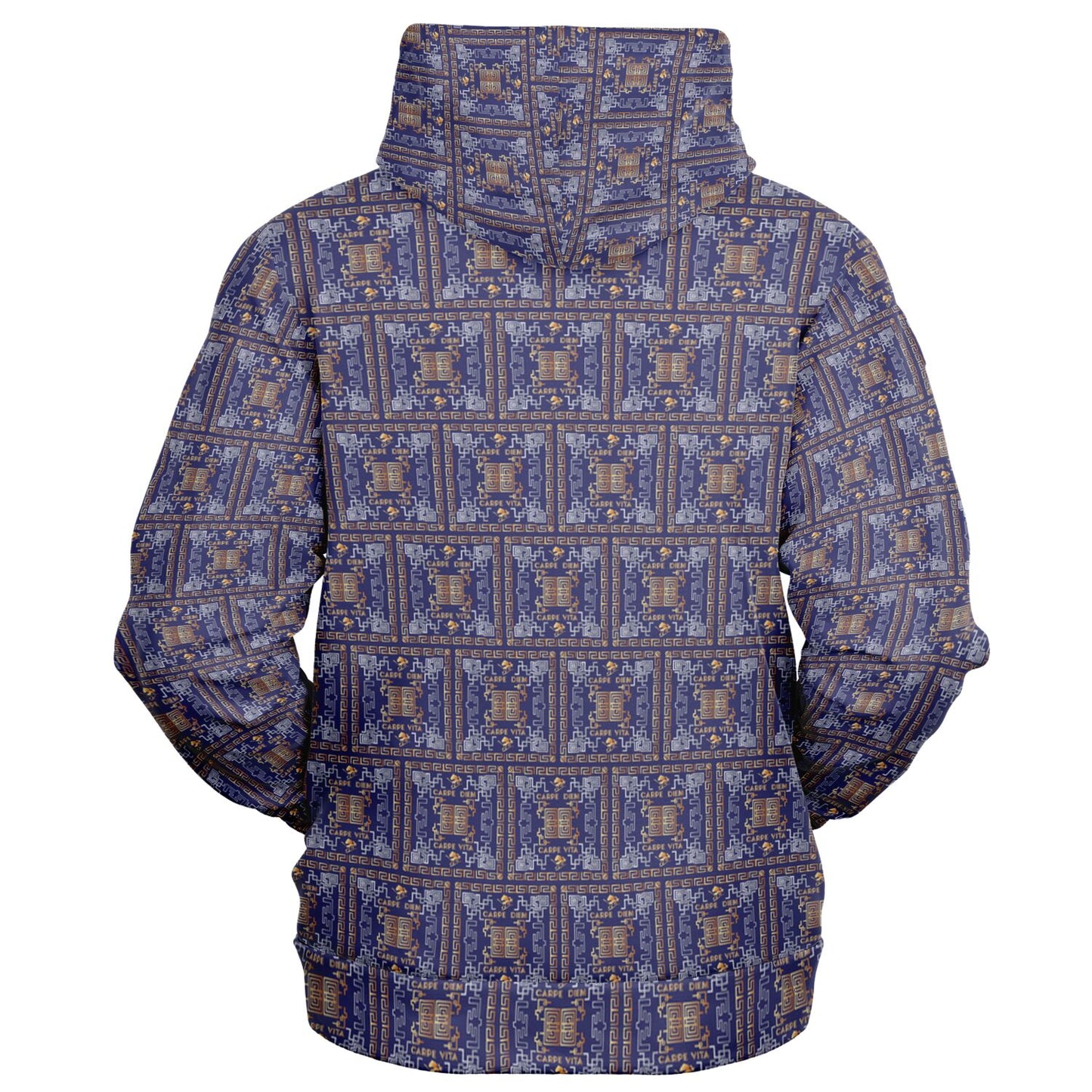 Fashion Zip-Up Hoodie - AOP Kukloso Greek Border No 41 No 2 Carpe Diem, Gold & Silver on Navy - Free Shipping