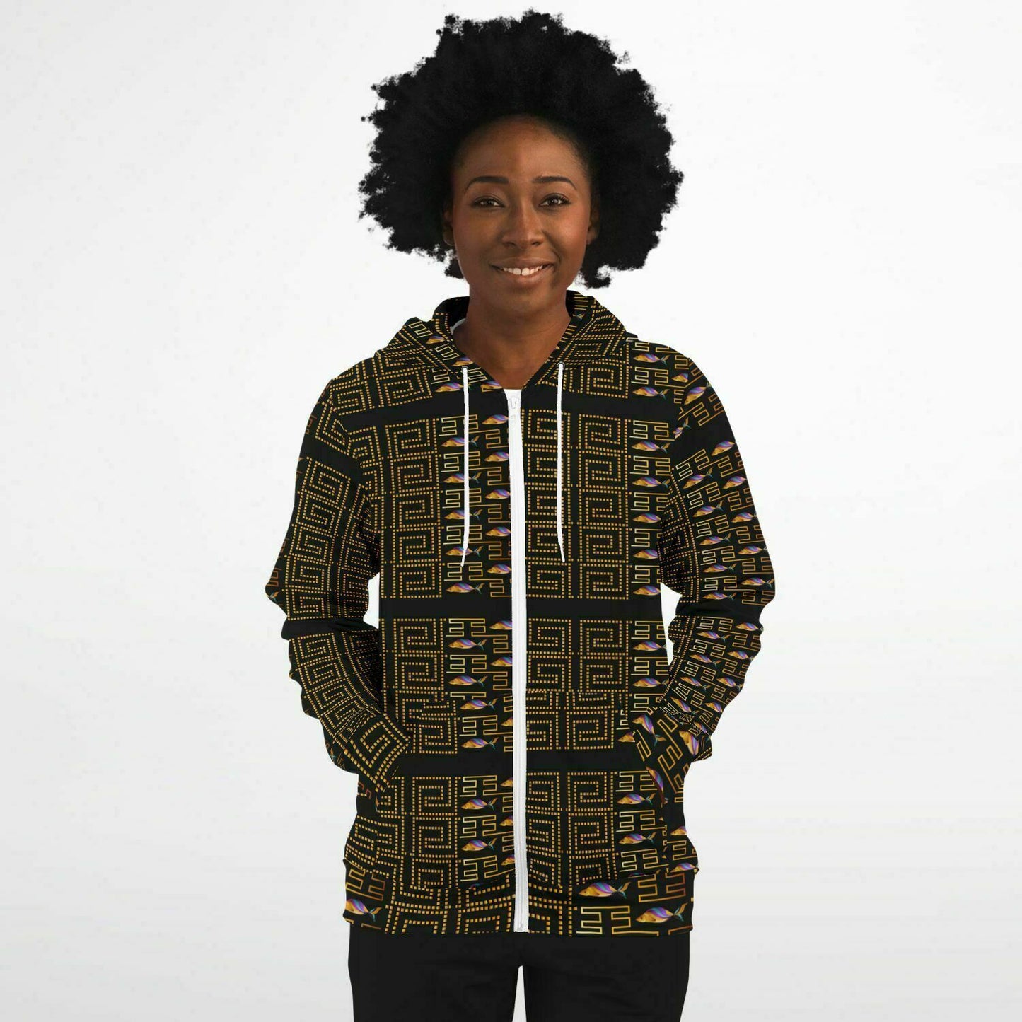 Fashion Zip-Up Hoodie - AOP Kukloso Greek Border No 3 Golden Fish - Free Shipping