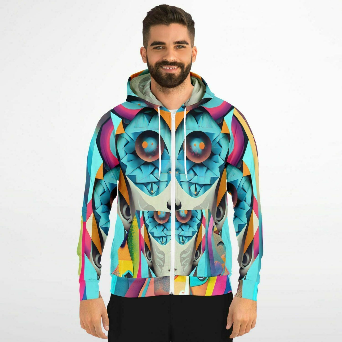 Fashion Zip-Up Hoodie - AOP Kukloso Cubist Faces No 5 Multicolored - Free Shipping