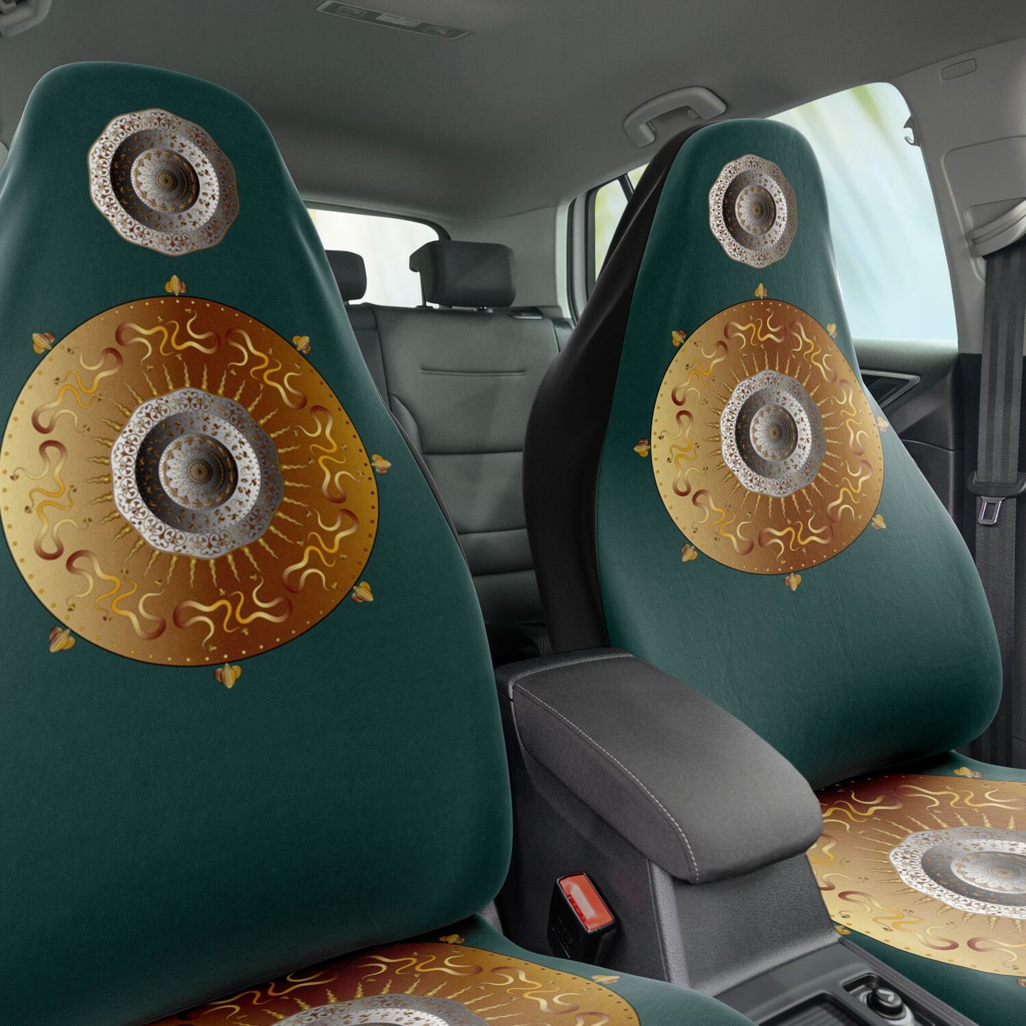 Car Seat Cover - AOP Kukloso Intricate Mandala design, Gold & Silver colors on Green - Free Shipping