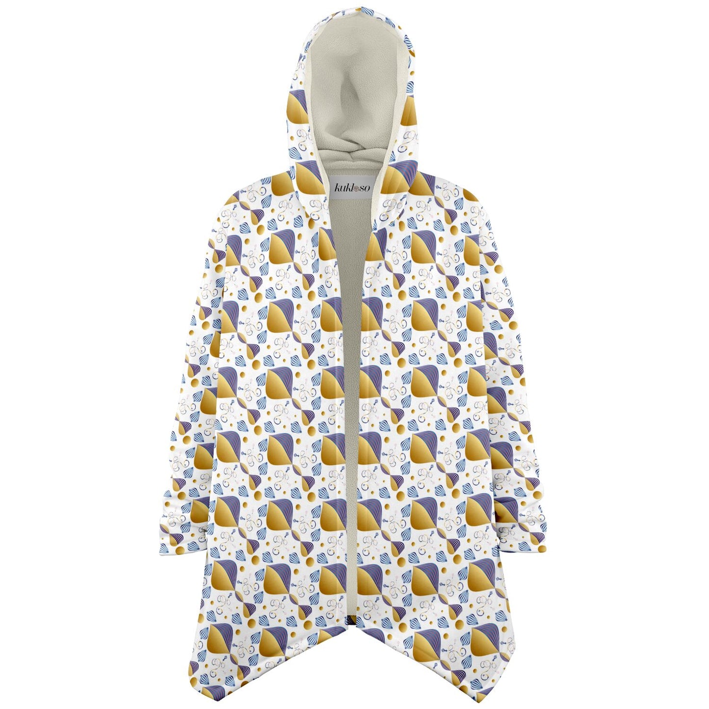 Microfleece Cloak - AOP Kukloso Whimsical No 21 Abstract Gold, Pink & Navy shapes on White - Free Shipping