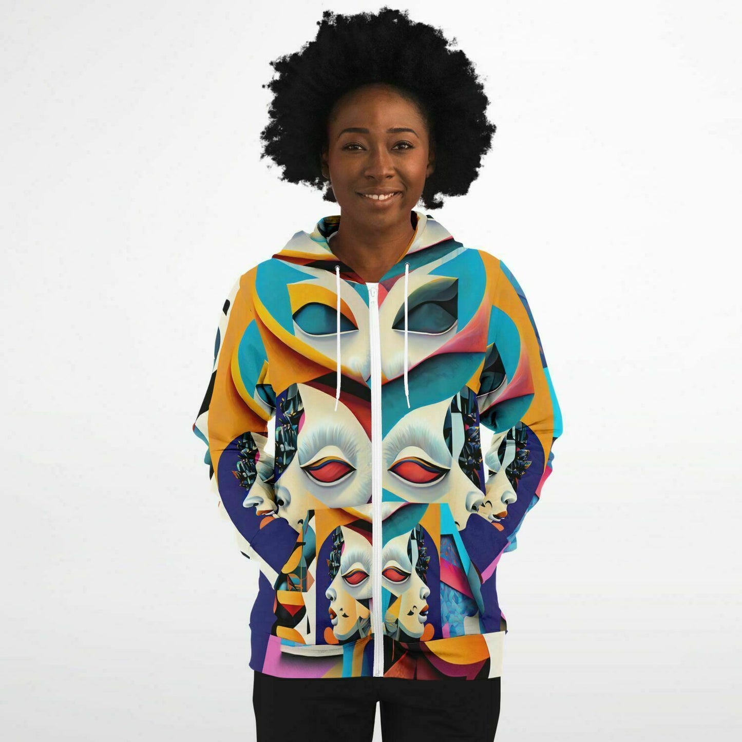 Fashion Zip-Up Hoodie - AOP Kukloso Cubist Faces No 4 Multicolored - Free Shipping