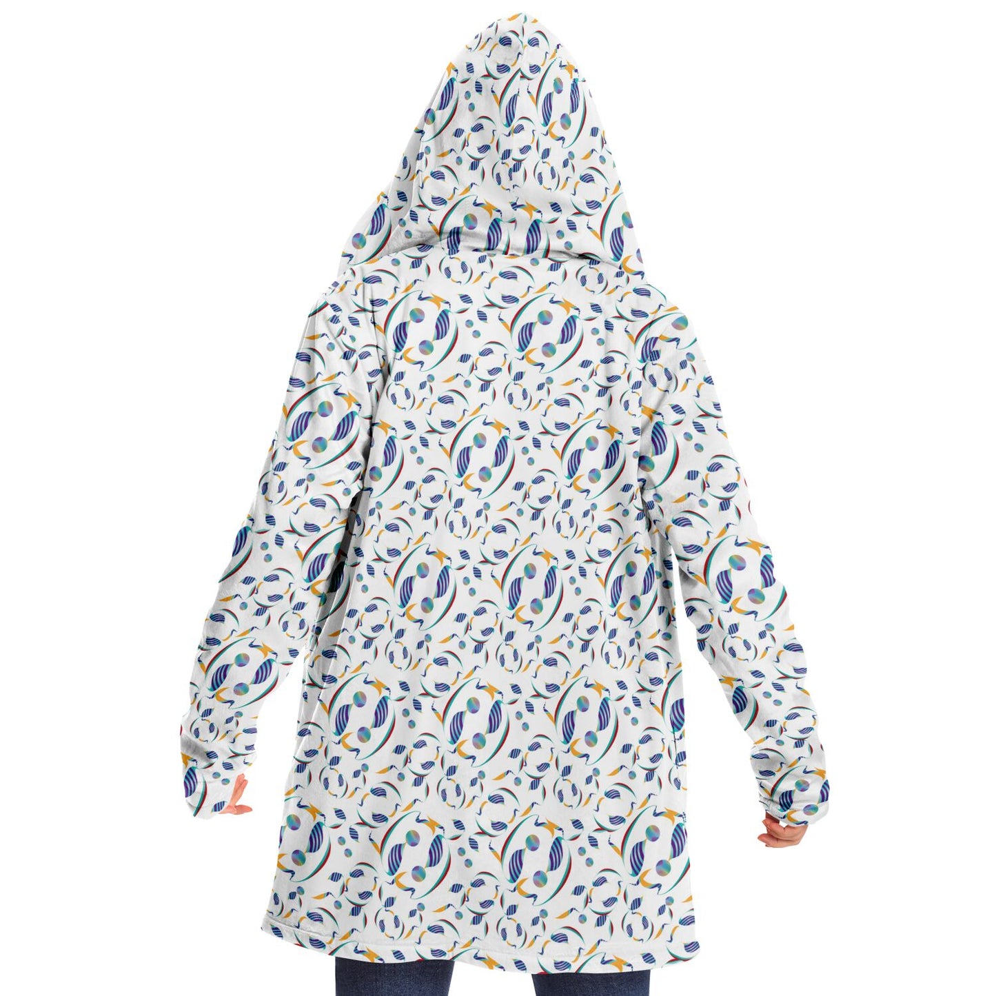 Microfleece Cloak - AOP Kukloso Whimsical No 80 Abstract shapes, Aqua, Navy Yellow on White - Free Shipping