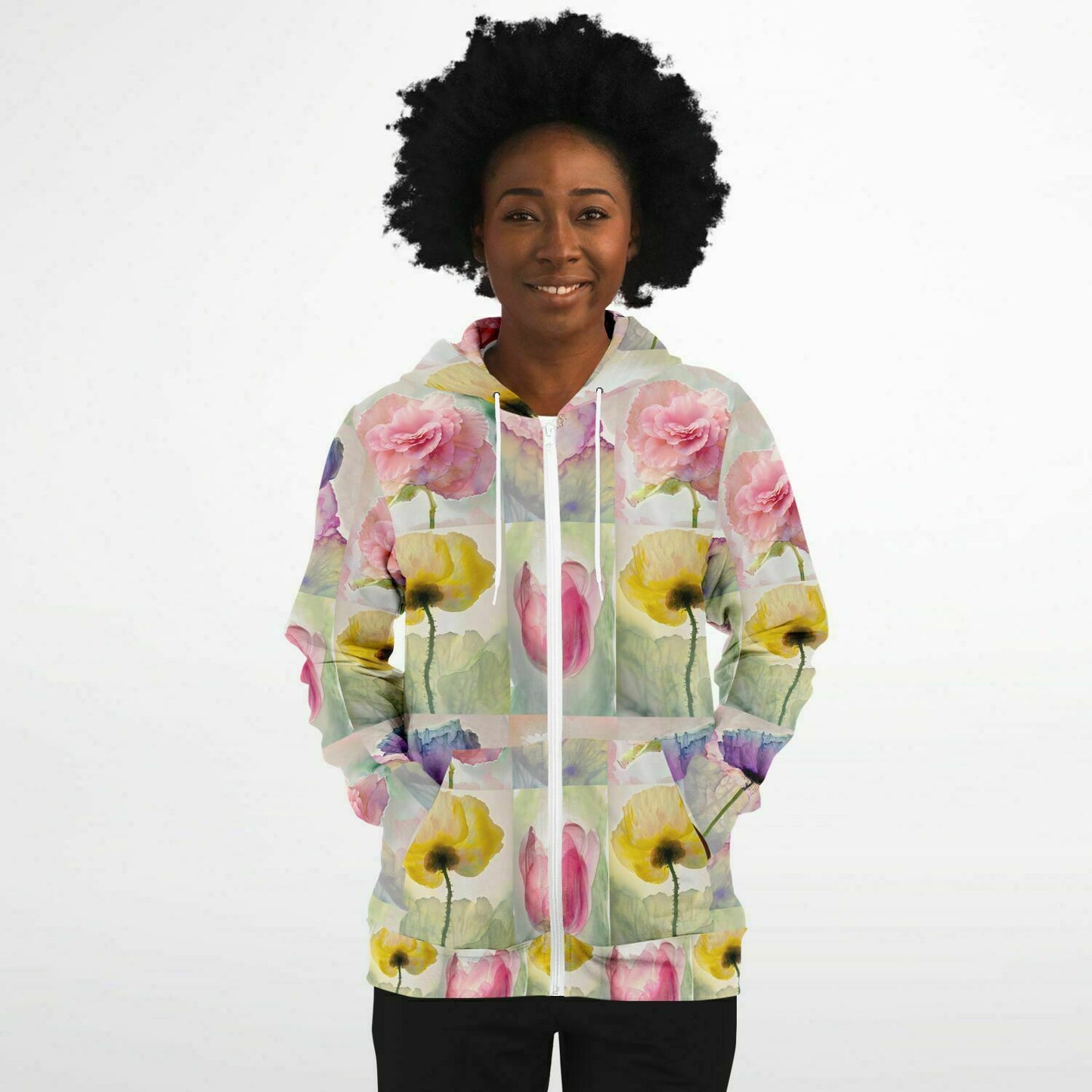 Fashion Zip-Up Hoodie - AOP Kukloso Pastel Watercolor Fllorals - Free Shipping