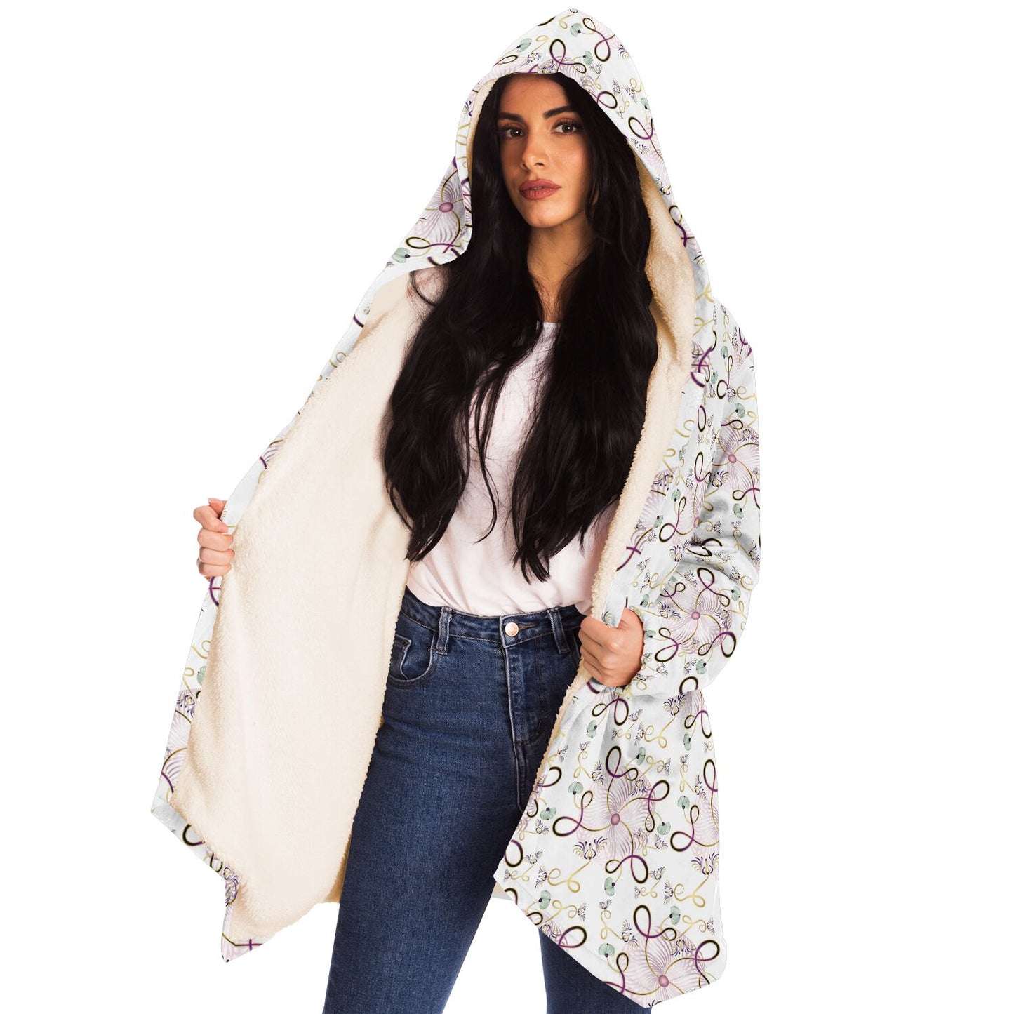 Microfleece Cloak - AOP Kukloso Whimsical No 25 Pink, Gold abstract shapes on White - Free Shipping