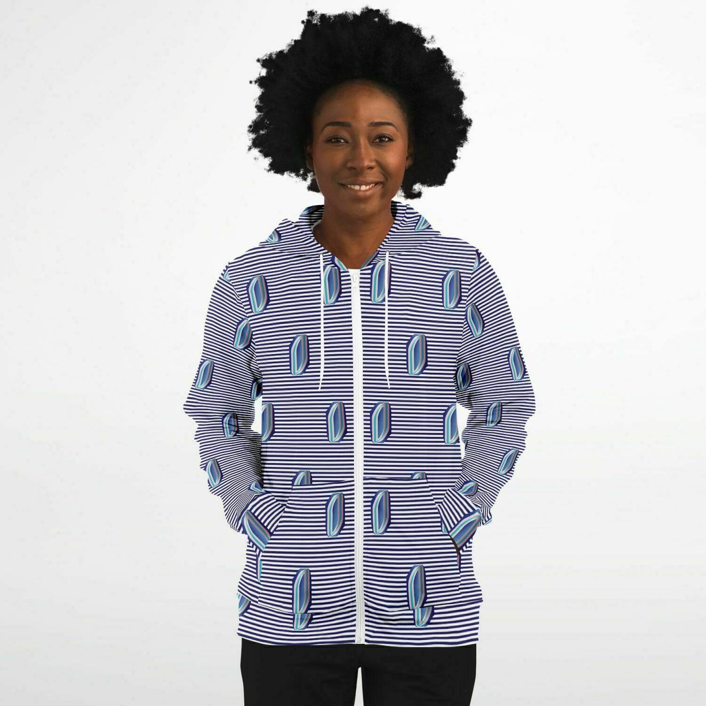 Fashion Zip-Up Hoodie - AOP Kukloso Whimsical No 57 Navy Stripes on White - Free Shipping