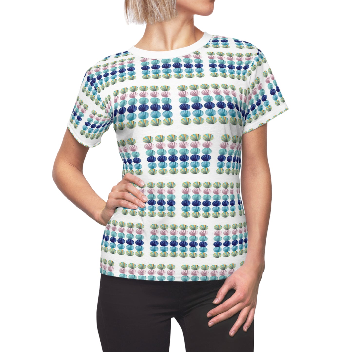 Women's Cut & Sew Tee (AOP) Kukloso Abstractical No 265 Shell Design on White - Free Shipping