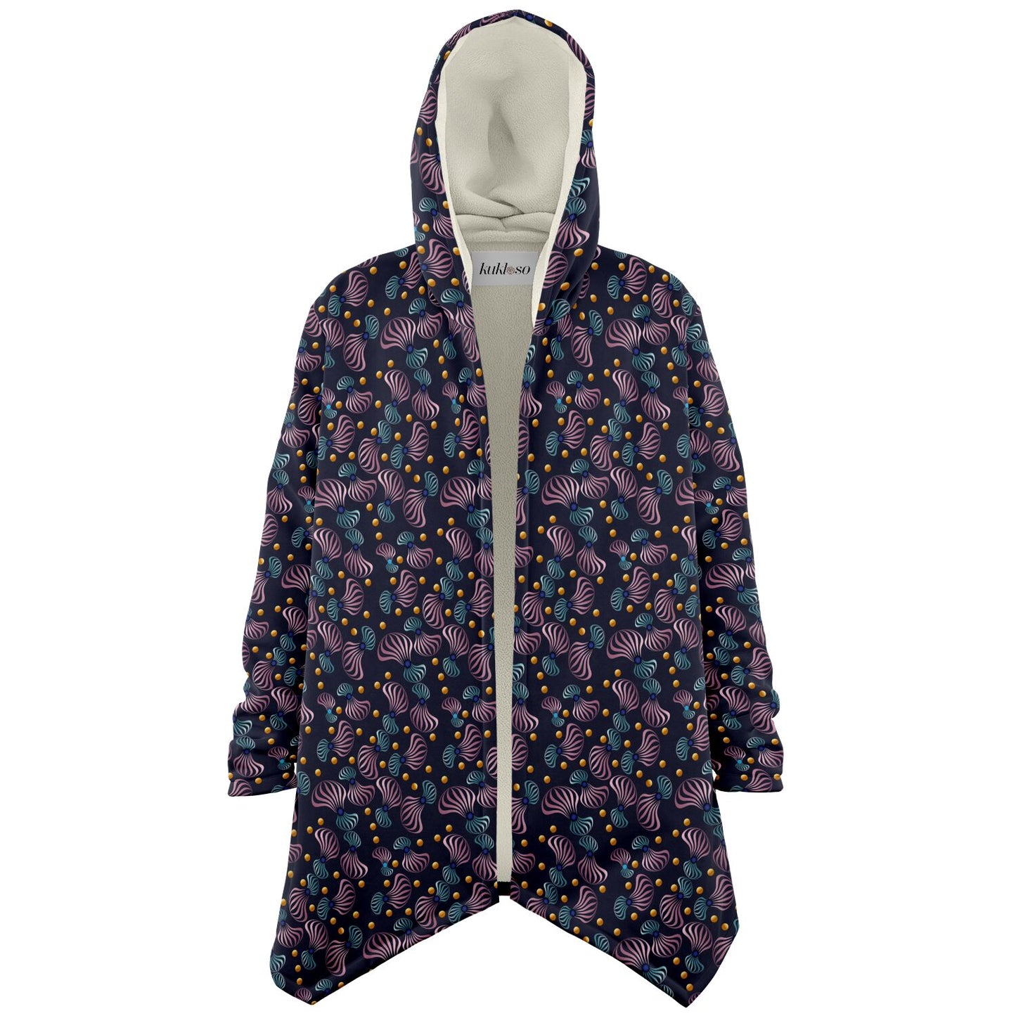 Microfleece Cloak - AOP Kukloso Whimsical No 81 Pink, Aqua, Gold on Navy - Free Shipping