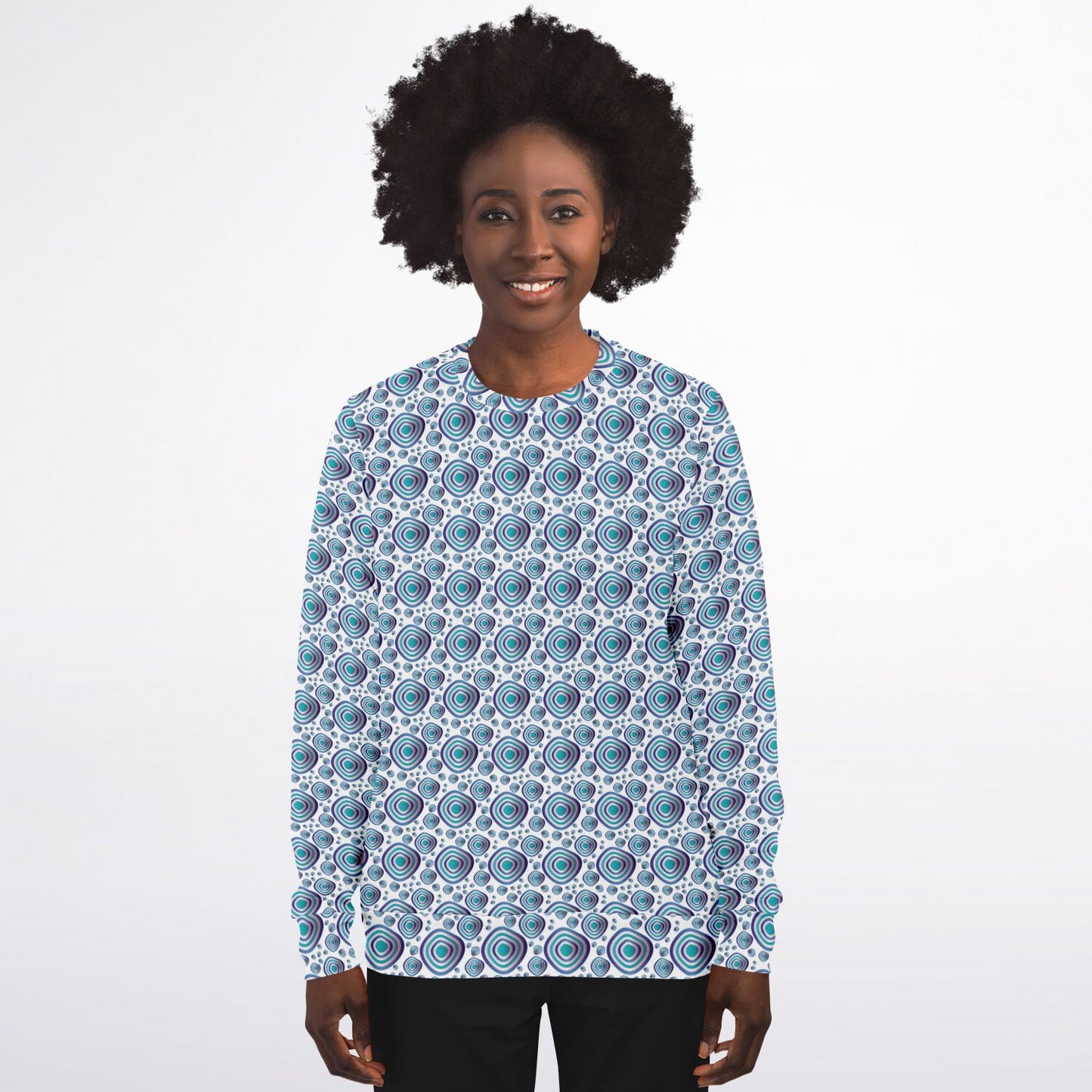 Athletic Sweatshirt - AOP Kukloso Abstractical No 96 Navy, Aqua, Pink Circular shapes on White - Free Shipping