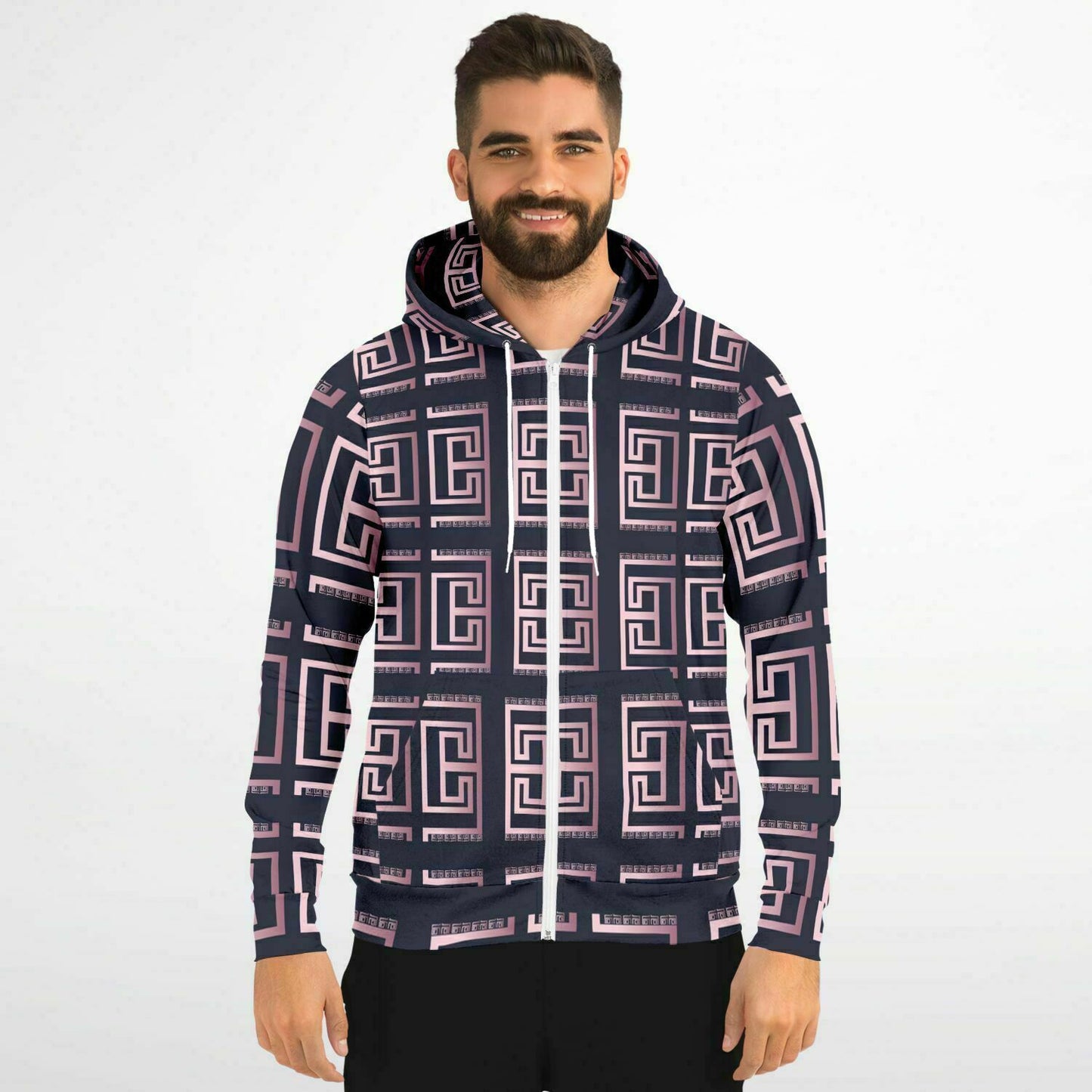 Fashion Zip-Up Hoodie - AOP Kukloso Greek Border No 33 Pink on Navy - Free Shipping