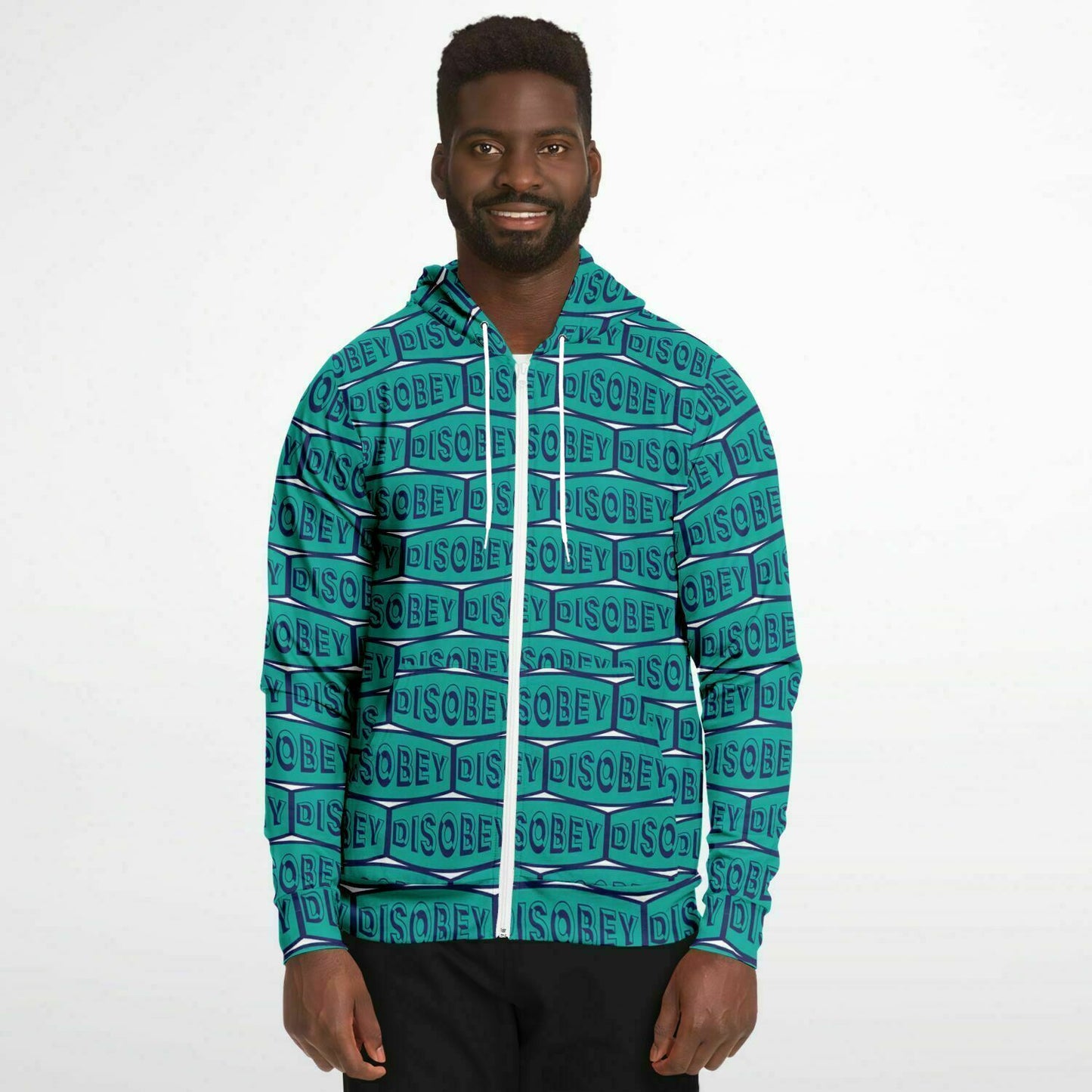 Fashion Zip-Up Hoodie - AOP Kukloso Disobey Logo Navy & Turquoise - Free Shipping