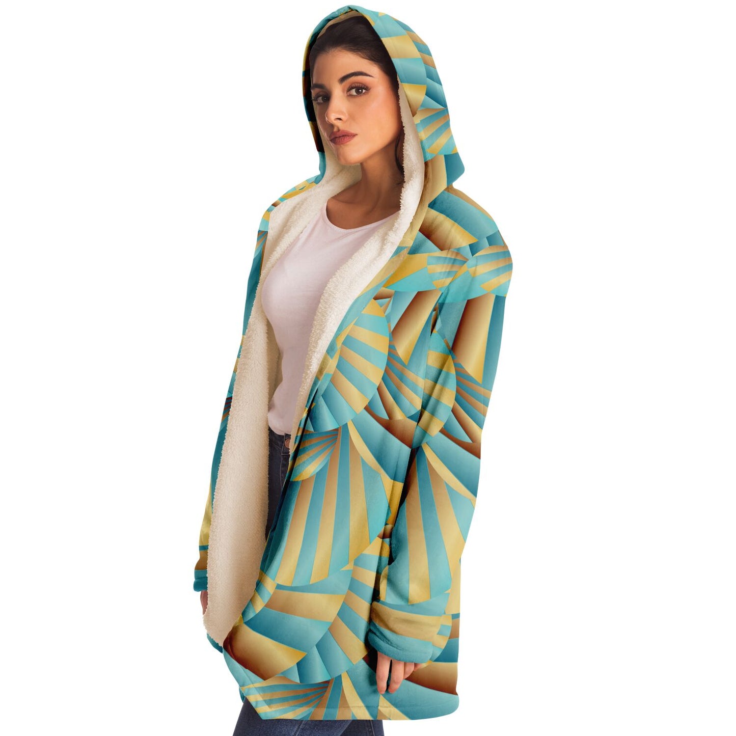 Microfleece Cloak - AOP Kukloso Abstractical No 269 Abstract Aqua, Blue, Gold Shapes - Free Shipping